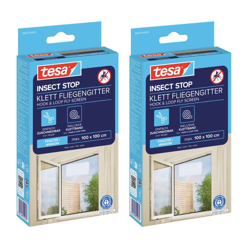 tesa Fliegengitter-Gewebe, (Komplett-Set, 2-St., Fliegen Netz - 100 cm x 100 cm - Weiß (leichter Sichtschutz), mit Klettband, zuschneidbar - Mückenschutz ohne Bohren