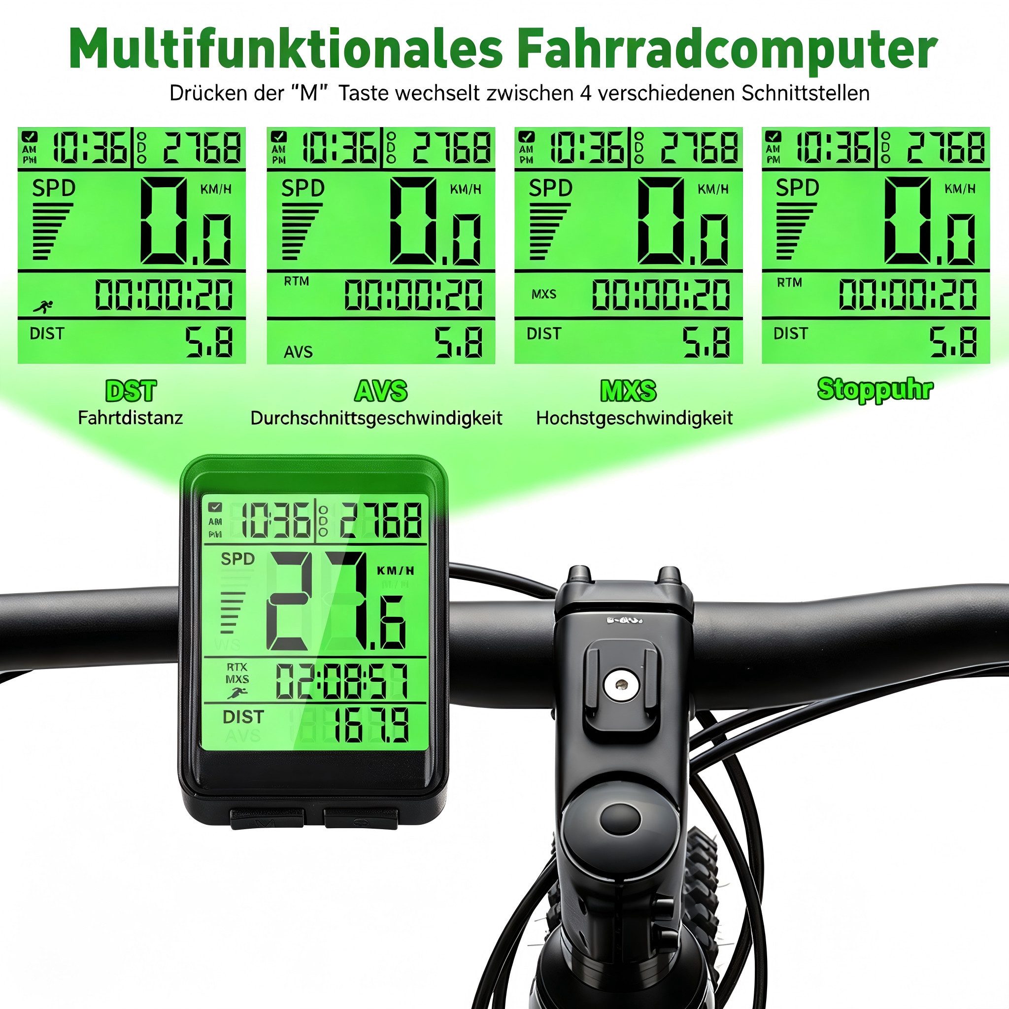 AIBISTAR Fahrradcomputer kabellos mit Hintergrundbeleuchtung Fahrradcomputer,Fahrradtacho,IPX7 (4 Anzeigemodi, kabelloser Sensor, LCD-Display), inklusive Radumfang-Tabelle für verschiedene Reifengrößen