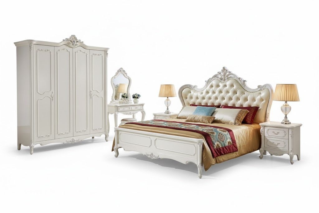 JVmoebel Schlafzimmer-Set Designer Schlafzimmer-Set 6-teilig – Barockstil Möbel Sofort, (6-tlg., Bett, 2x Nachttisch, Schminktisch, Hocker, Kleiderschrank), Made in Europa