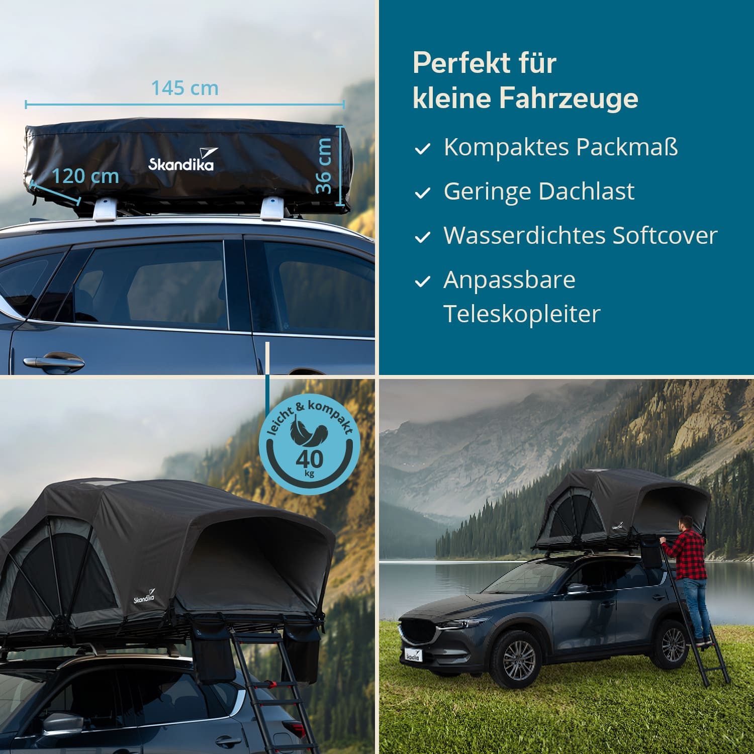 Skandika Dachzelt Skyland 2 Sleeper, Autodachzelt für 2 Personen, mit Matratze, UPF 50+, (Organizer-Taschen, mit Moskitonetz, Auto Zelt für PKW, SUV, Bus), schwarze Schlafkabine, feuerhemmend, wasserfest 6000 mm