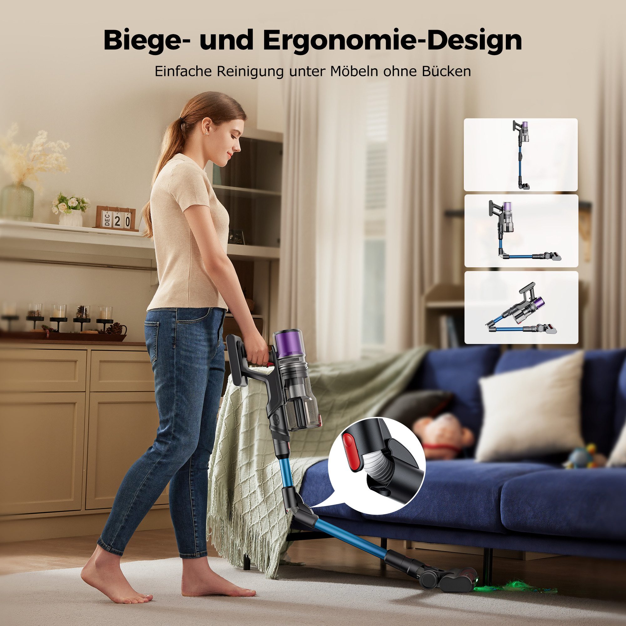 Proscenic Akku-Hand-und Stielstaubsauger P015 mit 60 kPa, 580W, 70 Min, 580 W, beutellos, LED, grüne Vertect™, geeignet für Tierhaare