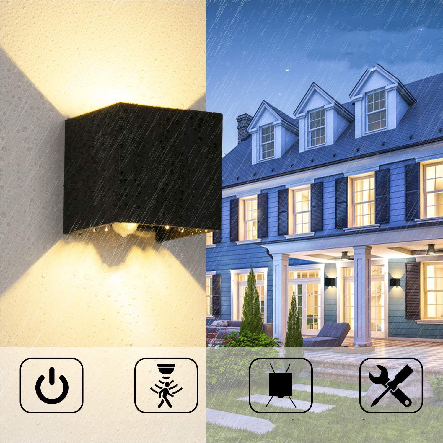 Bewegungsmelder LED Wasserdicht, LED Mit Innen/Aussen mit Garten Wandleuchte für Bedee Wohnzimmer Aussen, Flur Warmweiß, fest Außenlampe integriert, Wandleuchte Bewegungssensor,
