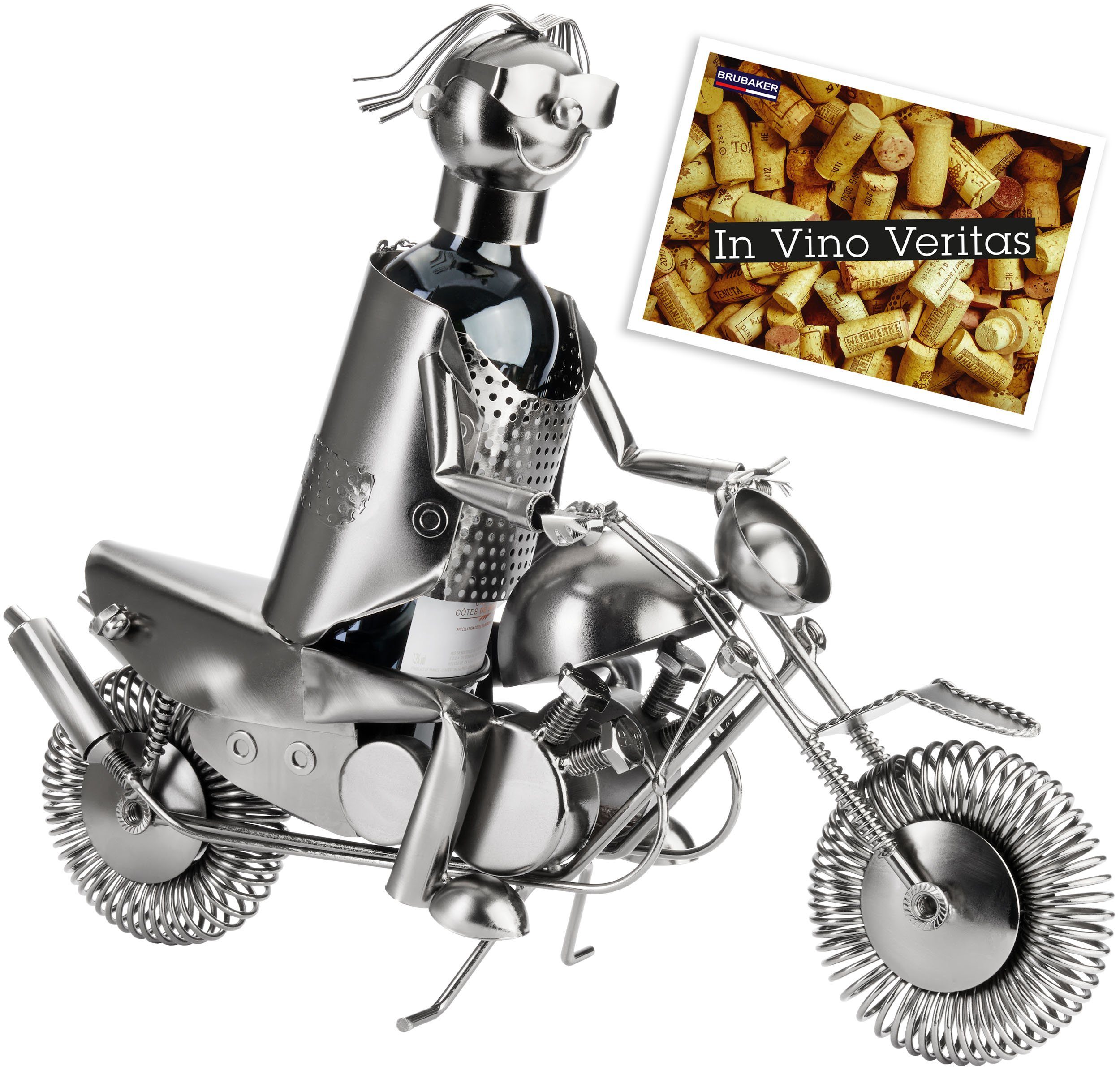 BRUBAKER Weinflaschenhalter Motorradfahrer mit Sonnenbrille Flaschenhalter, (inklusive Grußkarte), Weinhalter Metall Skulptur, Wein Geschenk
