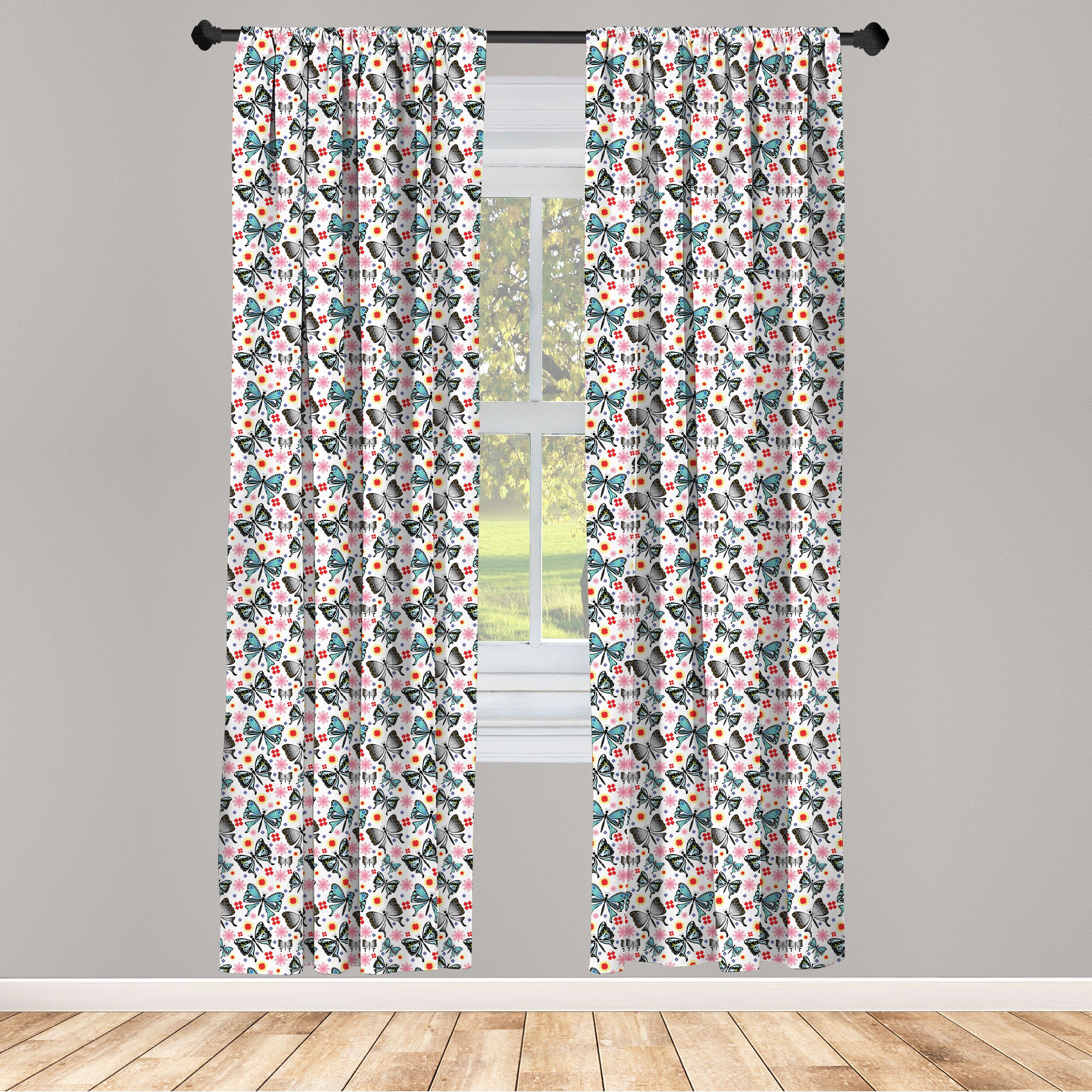 Gardine Vorhang für Wohnzimmer Schlafzimmer Dekor, Abakuhaus, Microfaser, Schmetterling Insekten- und Tiny Blumen