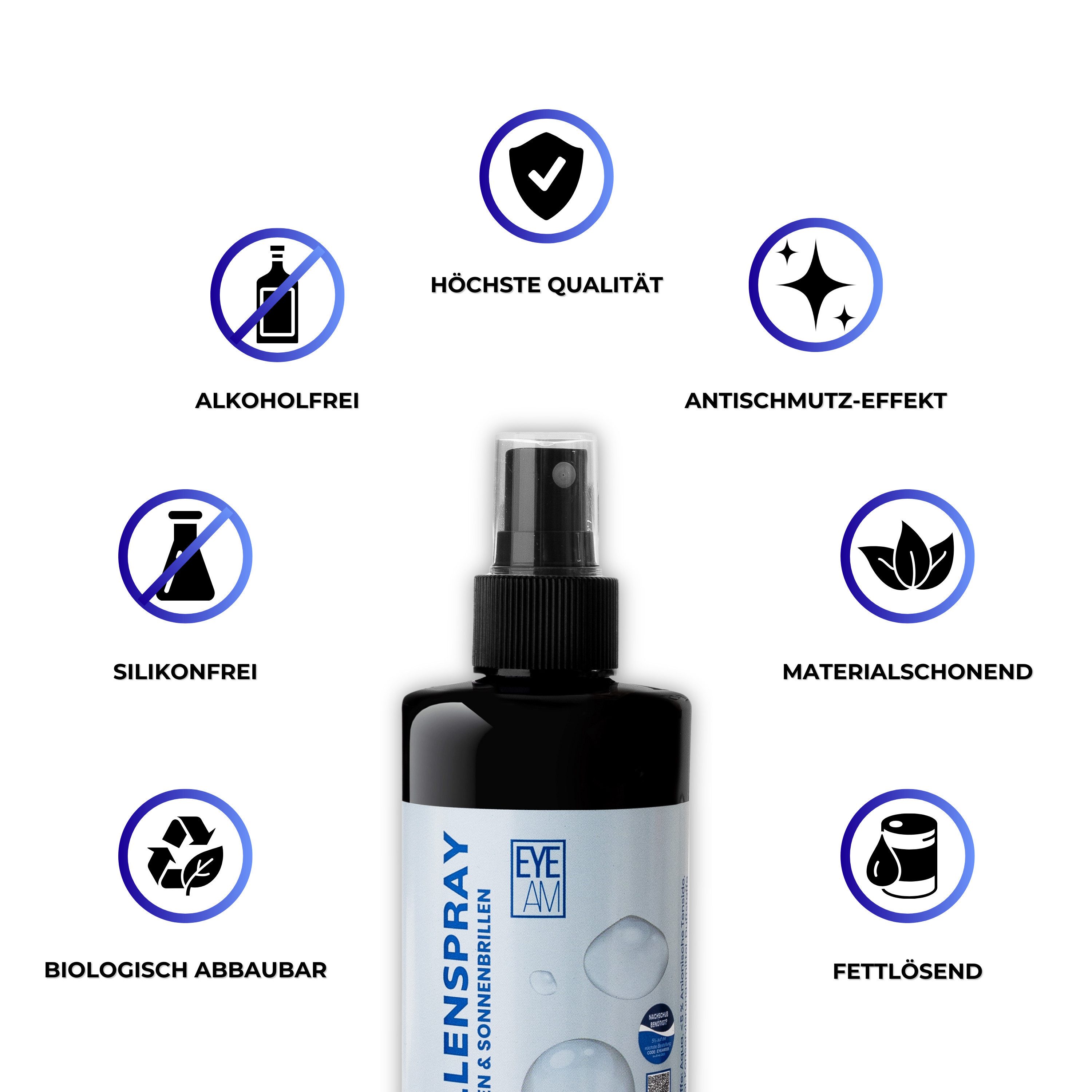 EyeAm Brillenreiniger Set, 250ml Reinigungsspray & Mikrofasertuch, Glasreiniger