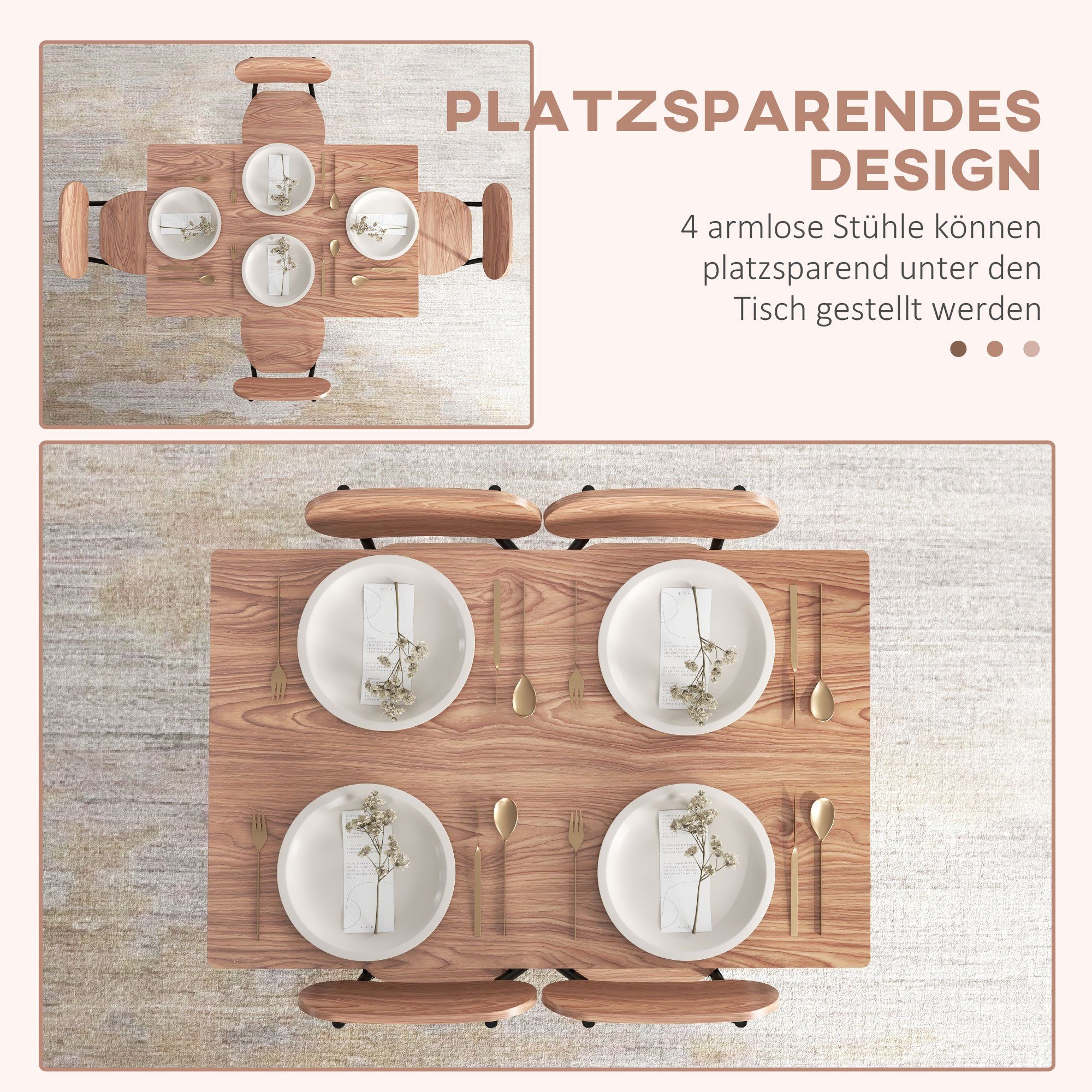 HOMCOM Essgruppe Esstisch mit 4 Stühlen, Küchentisch mit Ablagefläche, (Esszimmermöbel, 5-tlg., Esstisch Set), für Küche, Esszimmer, Stahl, Teak