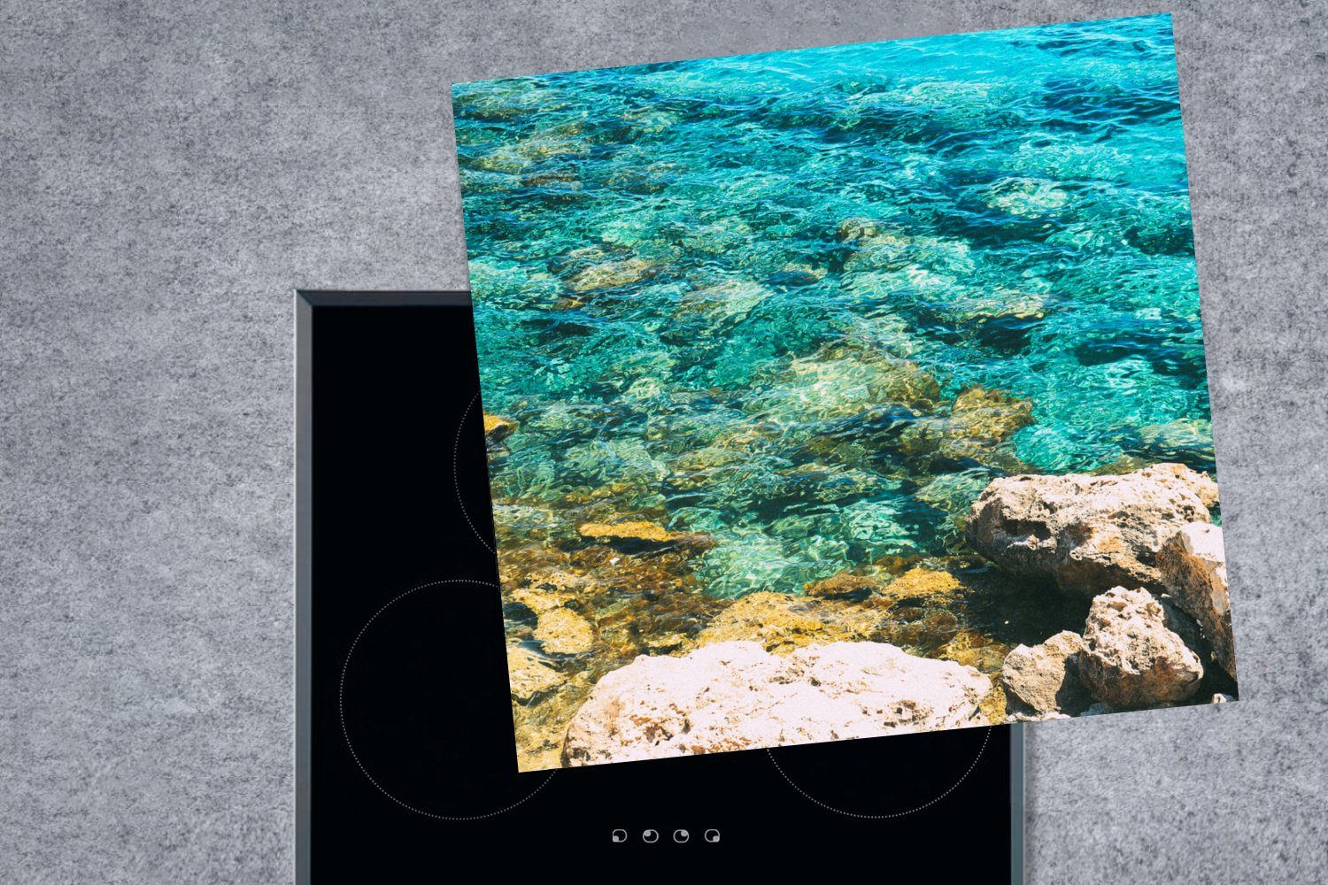 küche Steine, Zypern Wasser MuchoWow - Herdblende-/Abdeckplatte Arbeitsplatte 78x78 Vinyl, tlg), Ceranfeldabdeckung, - für cm, (1