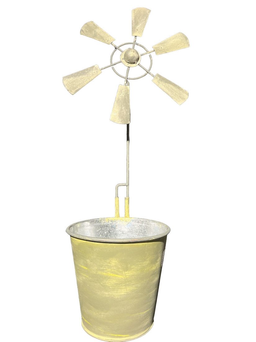 finehomegarden Blumentopf Metall Eimer mit Windmühle Pflanzgefäß Metalleimer Pflanzkübel (1 St), Pflanztopf gelb gewischt Ø19cm H55cm Topf / Paket
