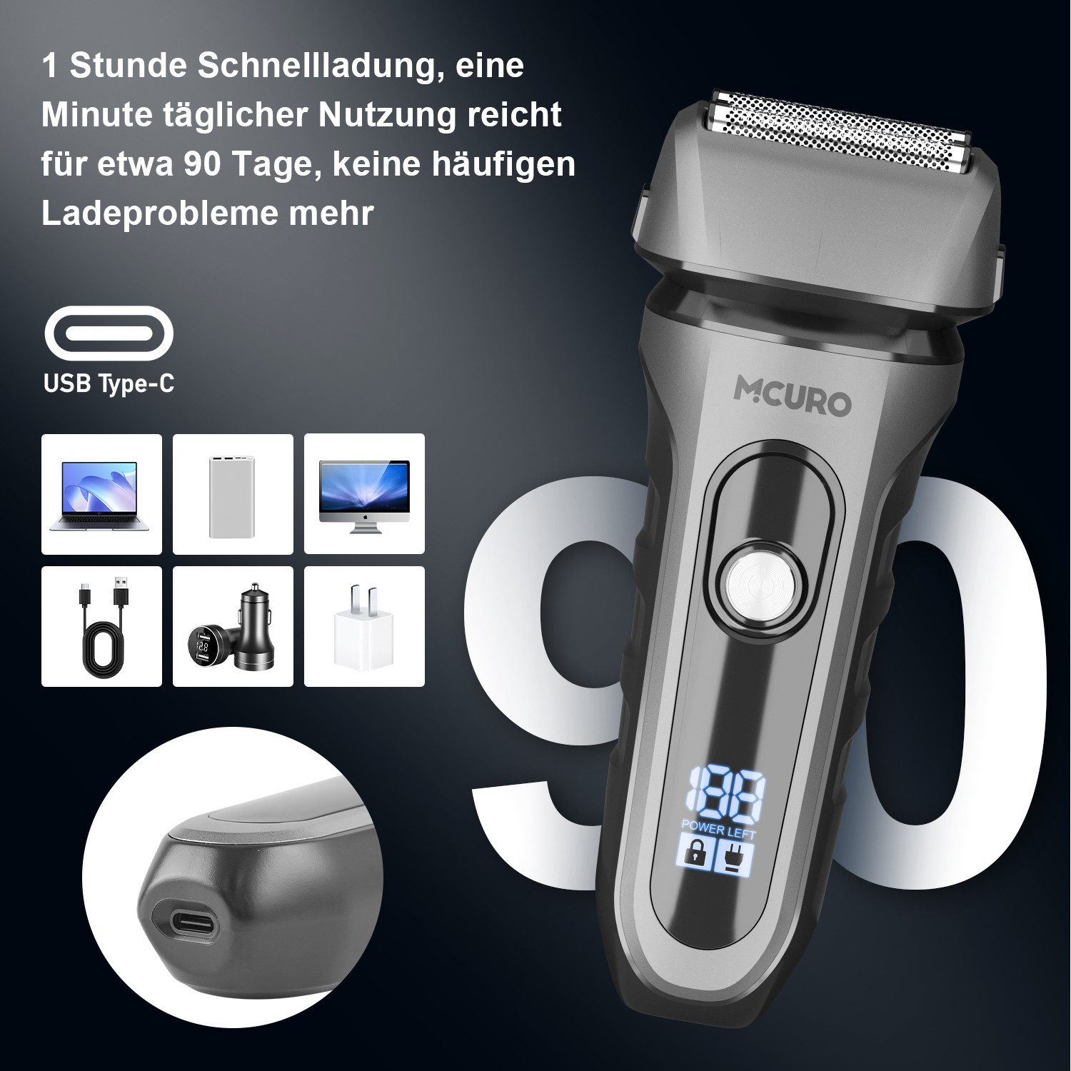 MCURO Elektrorasierer Herrenrasierer Herren Nass/Trocken-Rasierer mit 3 flexiblen Klingen, wasserdicht (IPX7), ausklappbarem Trimmer, Rasierer & Reinigungsbürste, Folienrasierer Herren für Gesicht & Bart