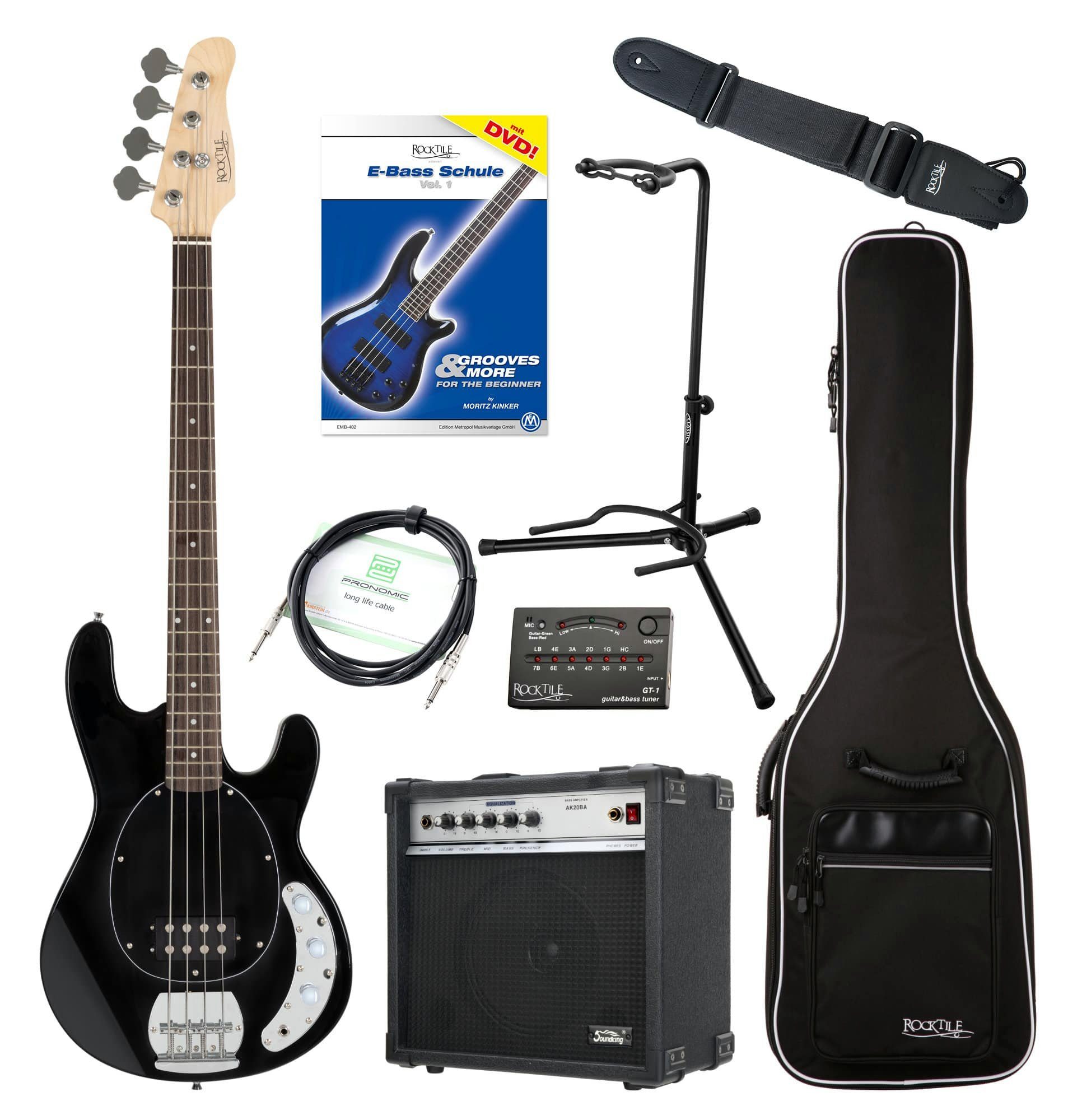 Rocktile E-Bass MB-4 BK Passiver Elektrobass, Super-Set, Inkl. Amp, Gigbag, Metro-Tuner, Gurt, Ständer, Kabel und Schule, Body: Linde, Hals: Ahorn