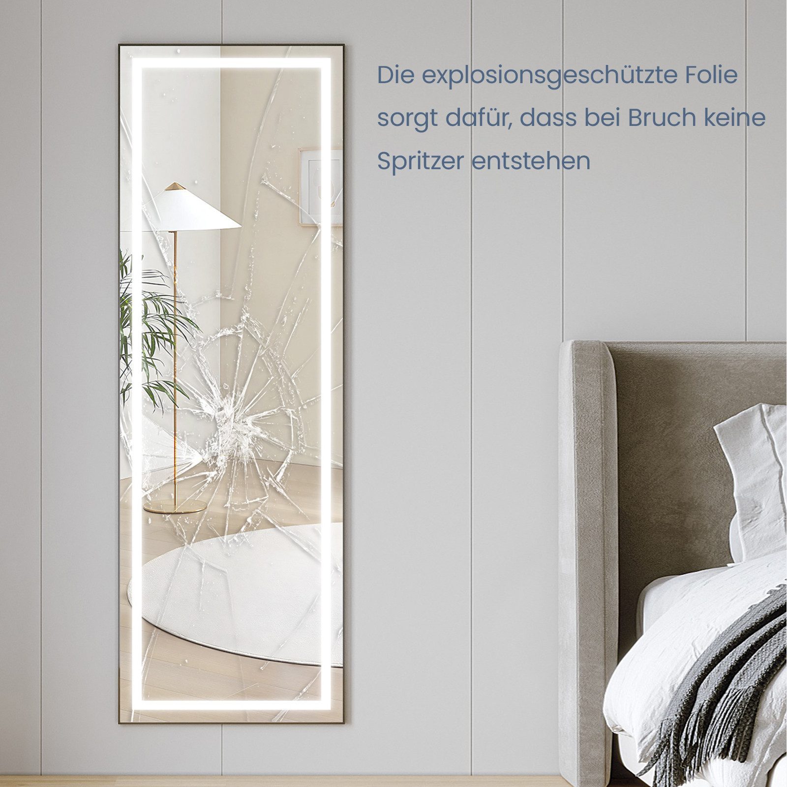 AQUALAVOS Standspiegel Spiegel Ganzkörperspiegel mit LED Beleuchtung 50x150 cm Standspiegel, mit Kaltweiße Lichtfarbe 6400k, Boden/an der Wand befestigter