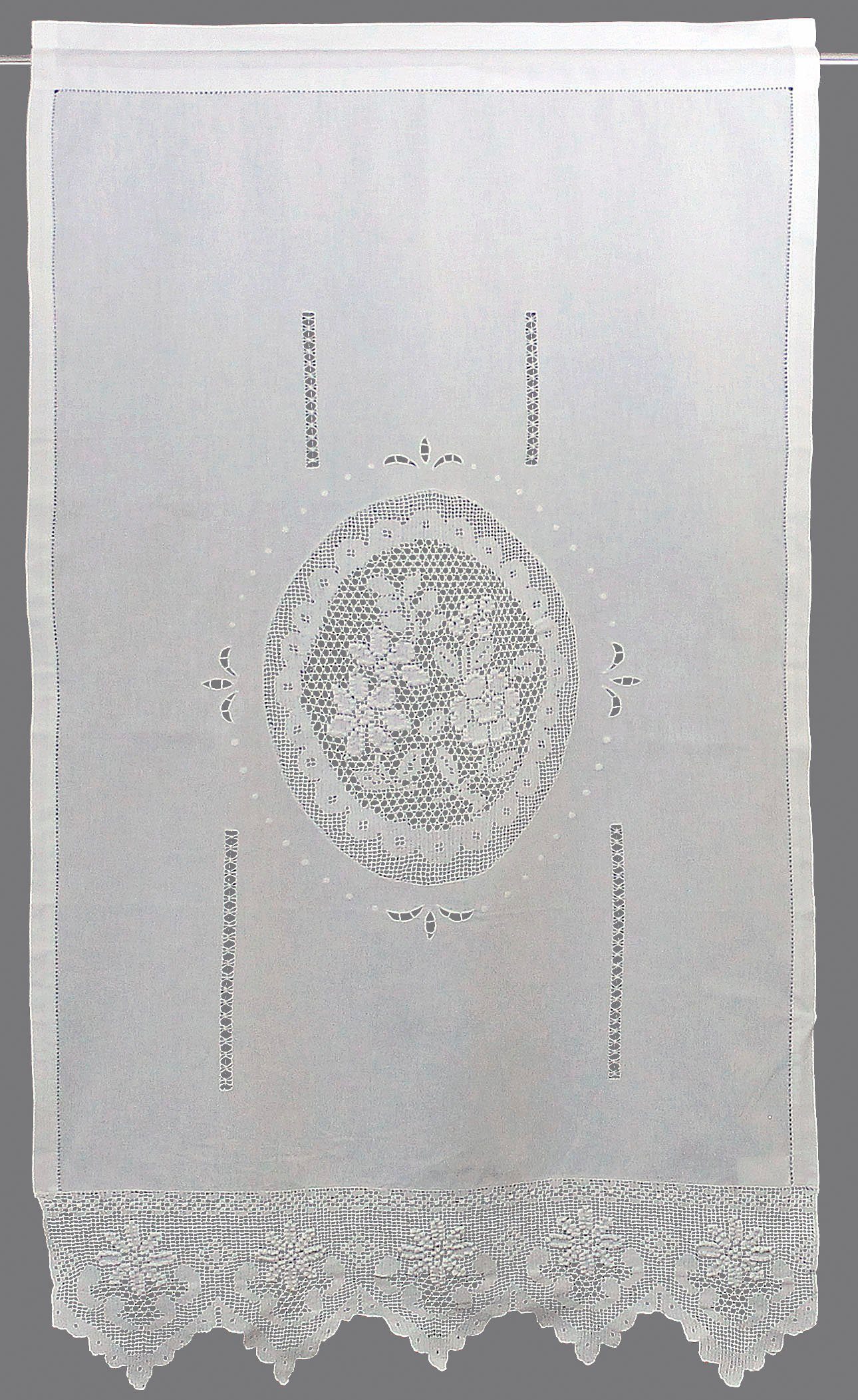 St), Stangendurchzug Gardine HOSSNER aus - OF ART ECHTER DECO, m. (1 HANDARBEIT HOME halbtransparent, Wildspitze, Häkelspitze