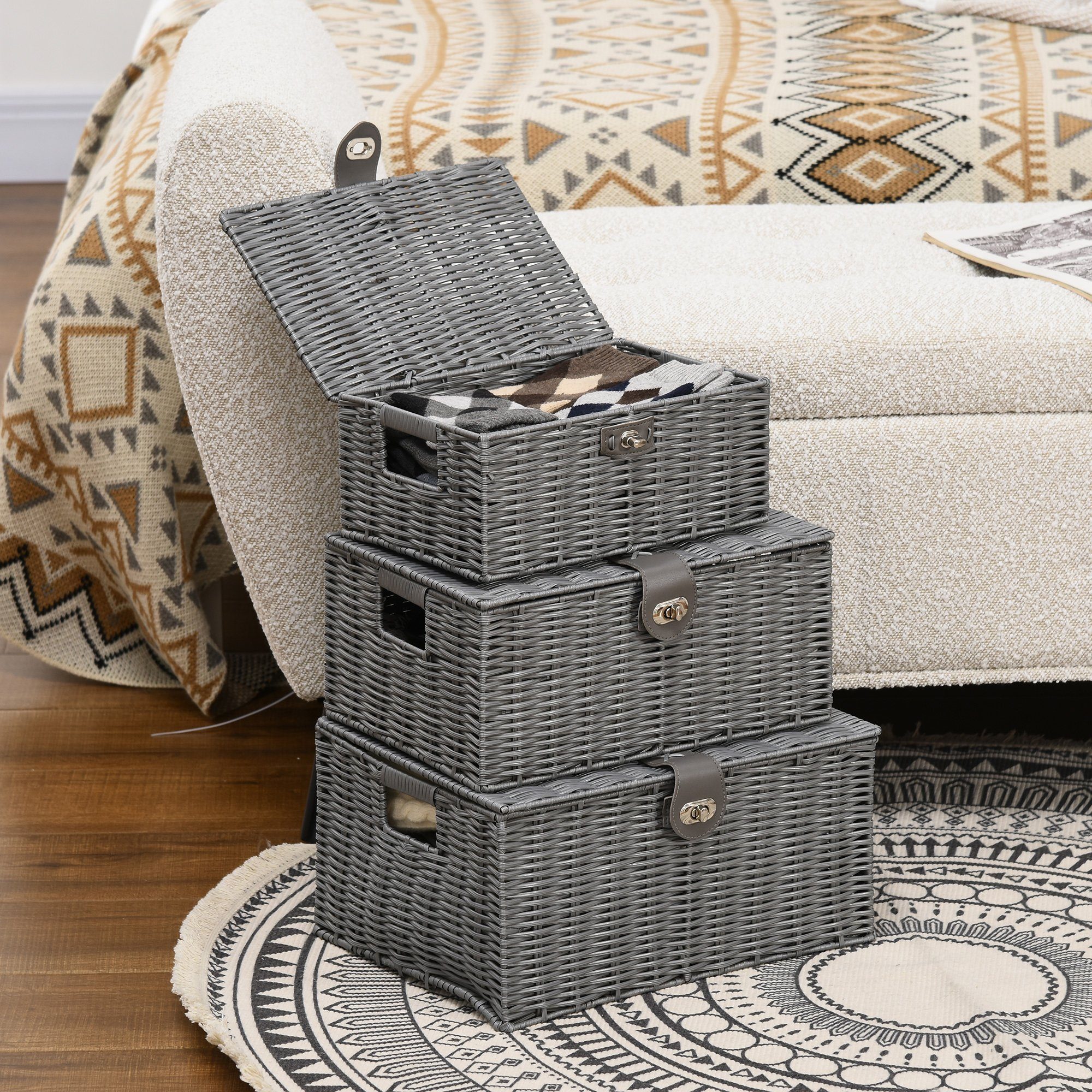 HOMCOM Aufbewahrungskorb 3er-Set Aufbewahrungsboxen mit Deckel günstig online kaufen