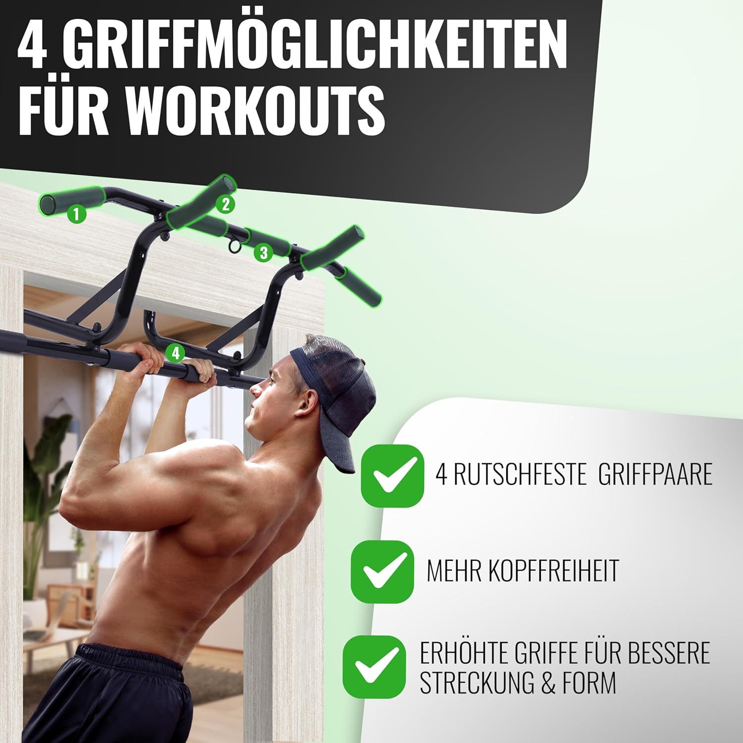 AthleticPro Klimmzugstange für den Türrahmen 60 bis 90cm - bis 140KG, ohne Bohren, inkl. Band, Türschonend, Gummigriffe, legierter Stahl