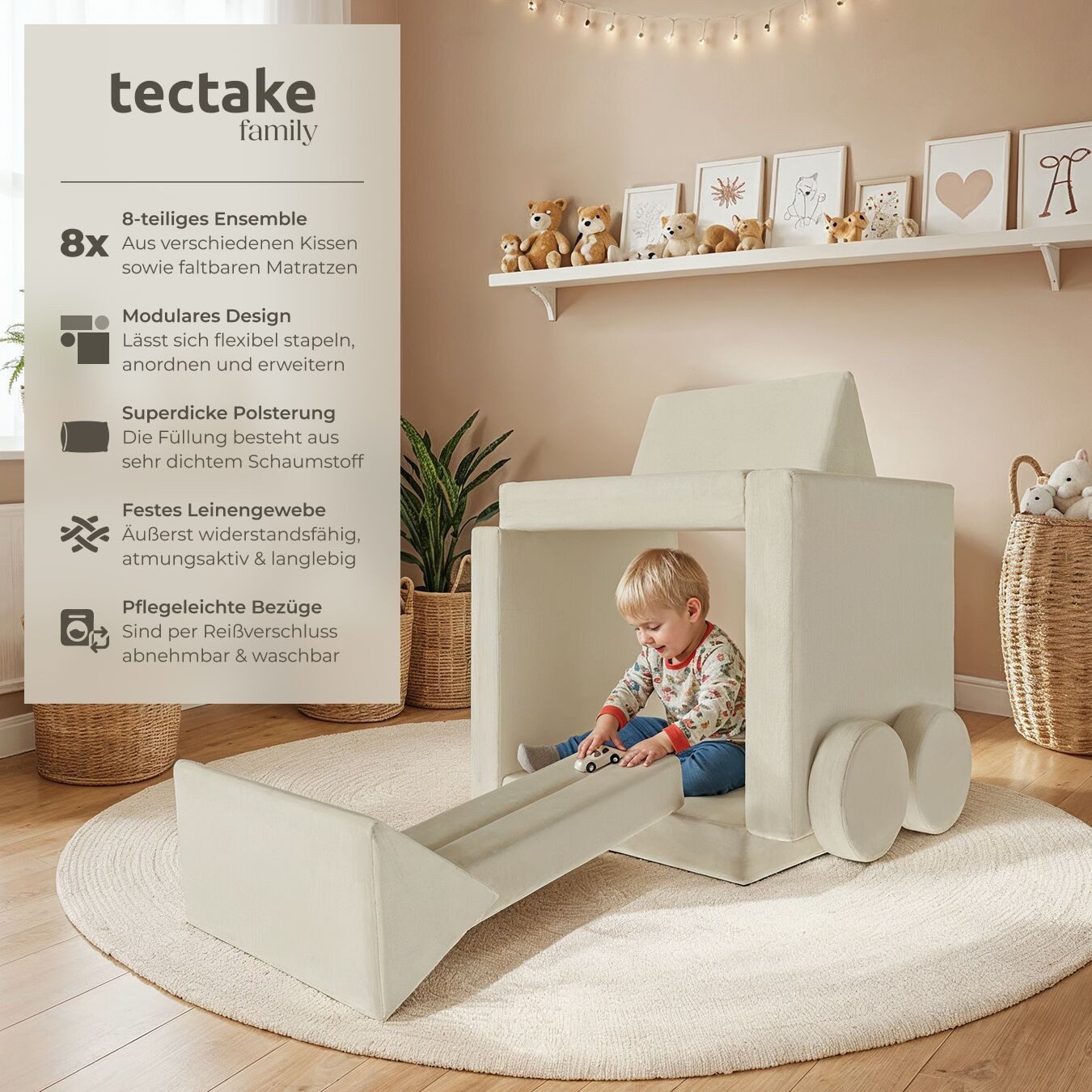 tectake Kindersofa Spielsofa Lilly, 8-teilig, mit Schlaffunktion, Leinenbez günstig online kaufen