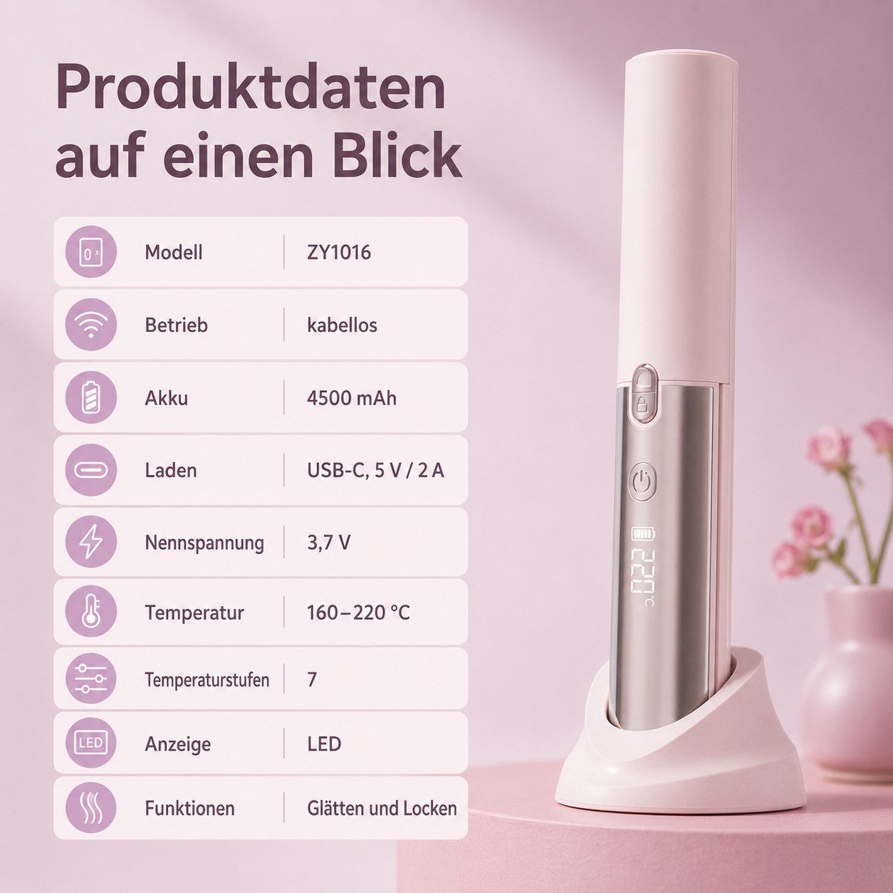 ibettertec Mini-Reiseglätteisen Kabelloser Haarglätter 2-in-1 - Glätteisen & Lockenstab, 3000mAh, Mini Tragbarer Reise Haarglätter,Akku, 3 Temperaturstufen und  – Bild 2 von 5