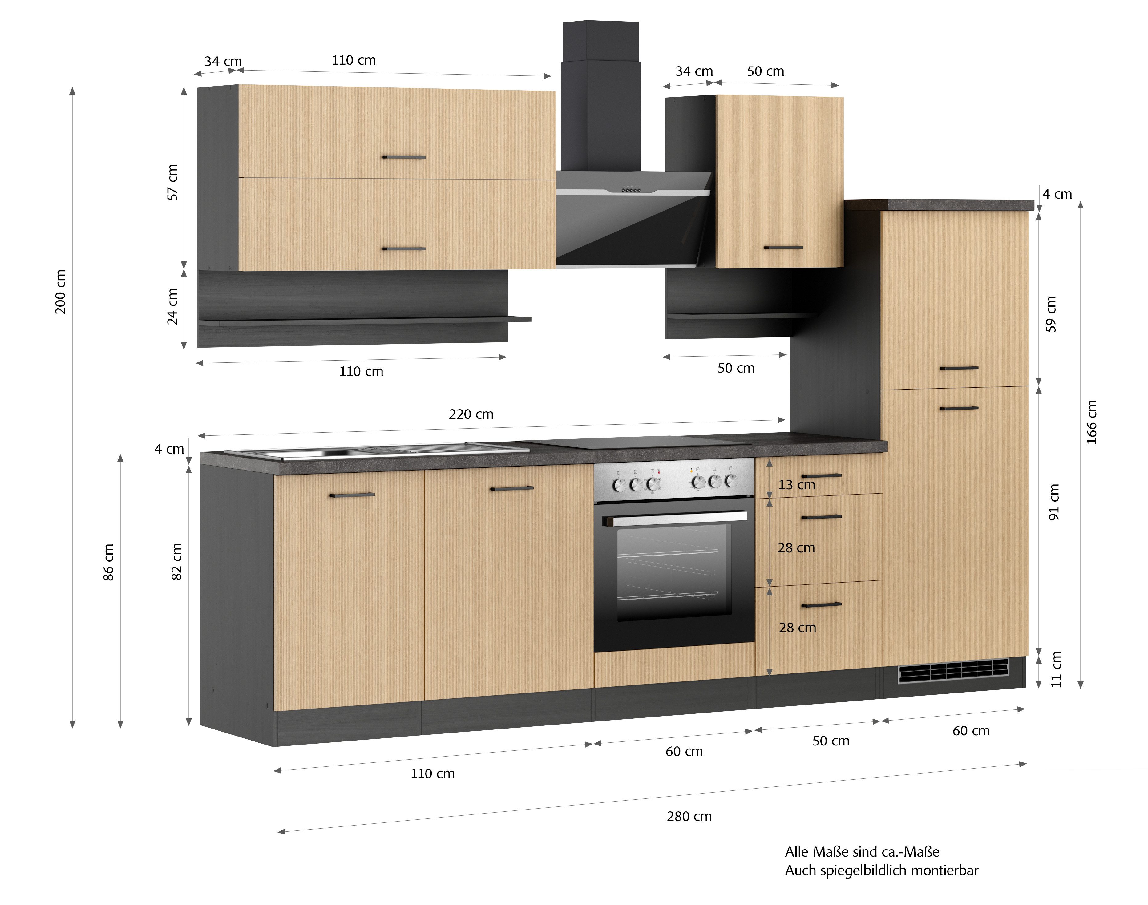 KOCHSTATION Küchenzeile KS-Frieda Breite 280 cm, wahlweise mit E-Geräten, mit 38mm starker Arbeitsplatte