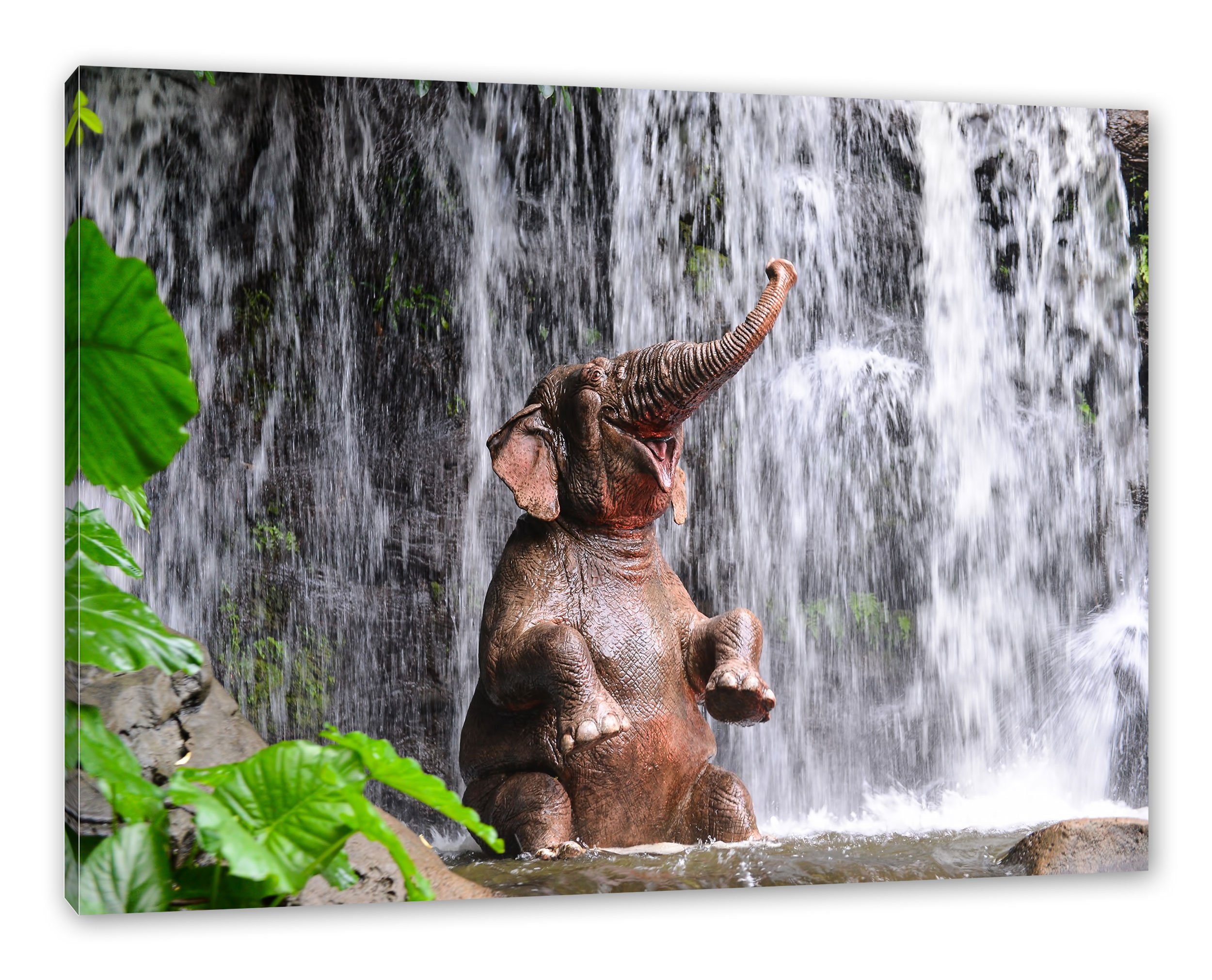 am inkl. Leinwandbild Wasserfall, Wasserfall Leinwandbild Babyelefant bespannt, St), Pixxprint am fertig Babyelefant (1 Zackenaufhänger