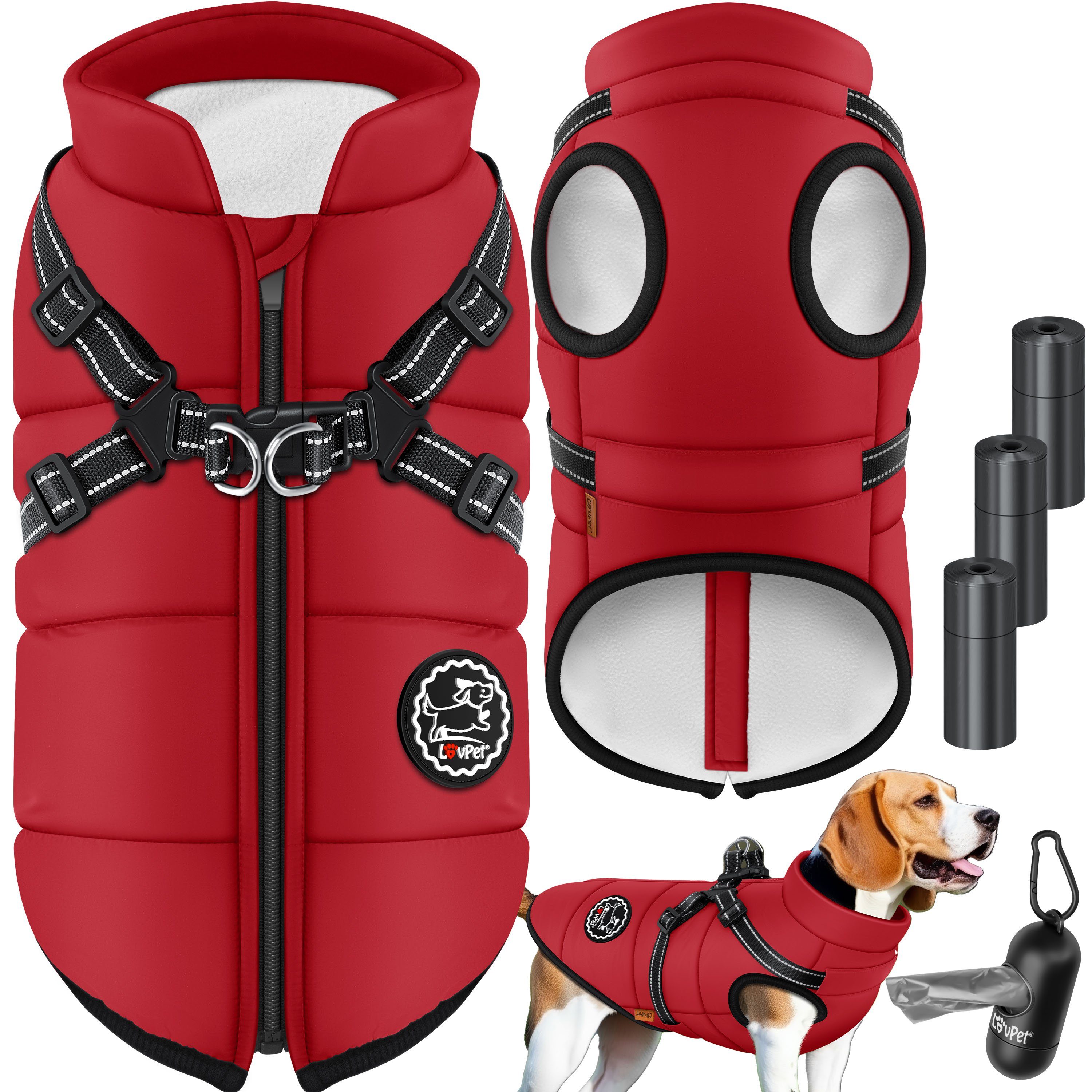 FUAMEY Hundejacke Mit Integriertem Geschirr – Wasserdichter Wintermantel Mit Reflektierenden Elementen, Taschen Und Rückenzip