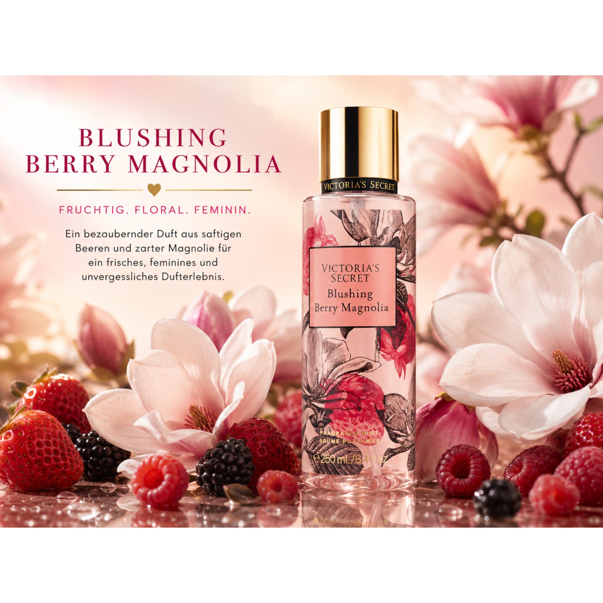 Victorias Secret Duft-Set Blushing Berry Magnolia Fragrance Mist Doppelpack 2 × 250 ml, Doppelpack mit fruchtig-floralem Duft und 500 ml Gesamtinhalt