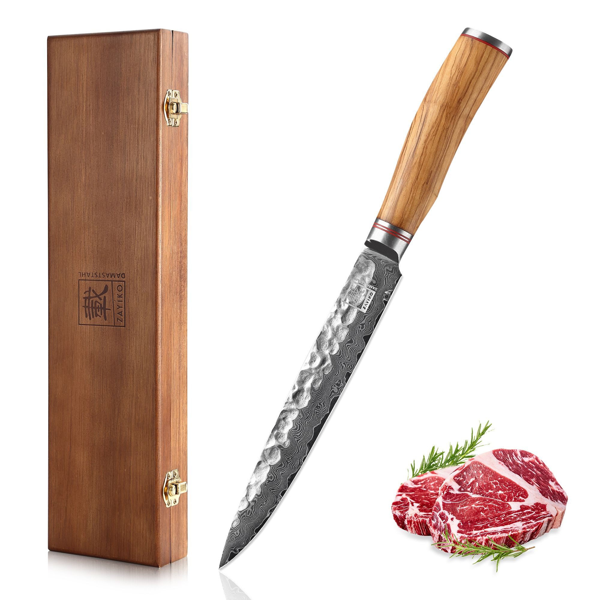 ZAYIKO Fleischmesser Minami Damast Tranchiermesser Küchenmesser 20cm Klinge Olivenholzgriff, Damaststahl, VG10-Kern, Hammerschlag