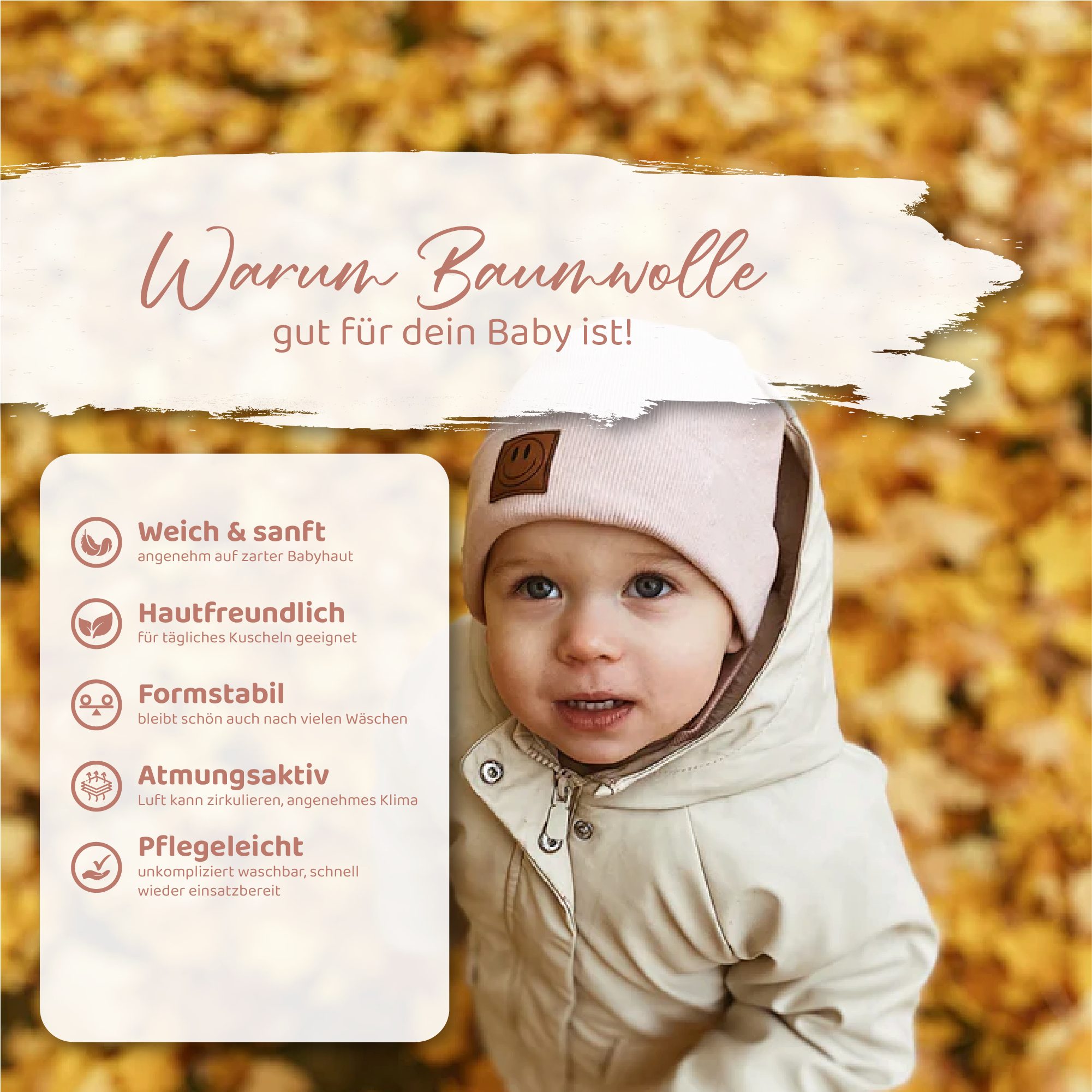 Blätterschming Beanie Mütze Gerippt mit Loop Schal – Motiv Smile Babymütze Gerippte Beanie mit Loop Schal und Smile-Patch