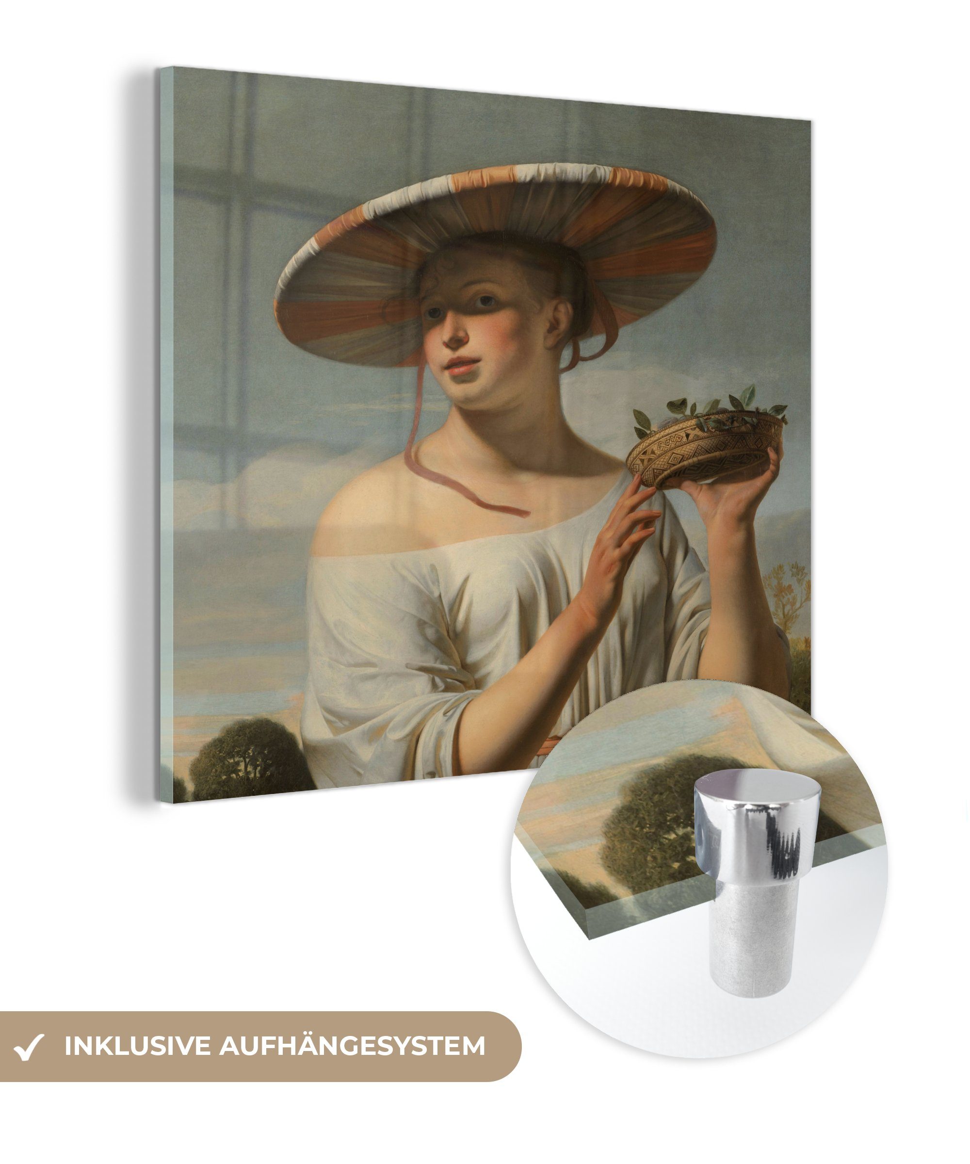 MuchoWow Acrylglasbild Mädchen mit breitem Hut - Gemälde von Cäsar Boëtius van Everdingen, (1 St), Glasbilder - Bilder auf Glas Wandbild - Foto auf Glas - Wanddekoration