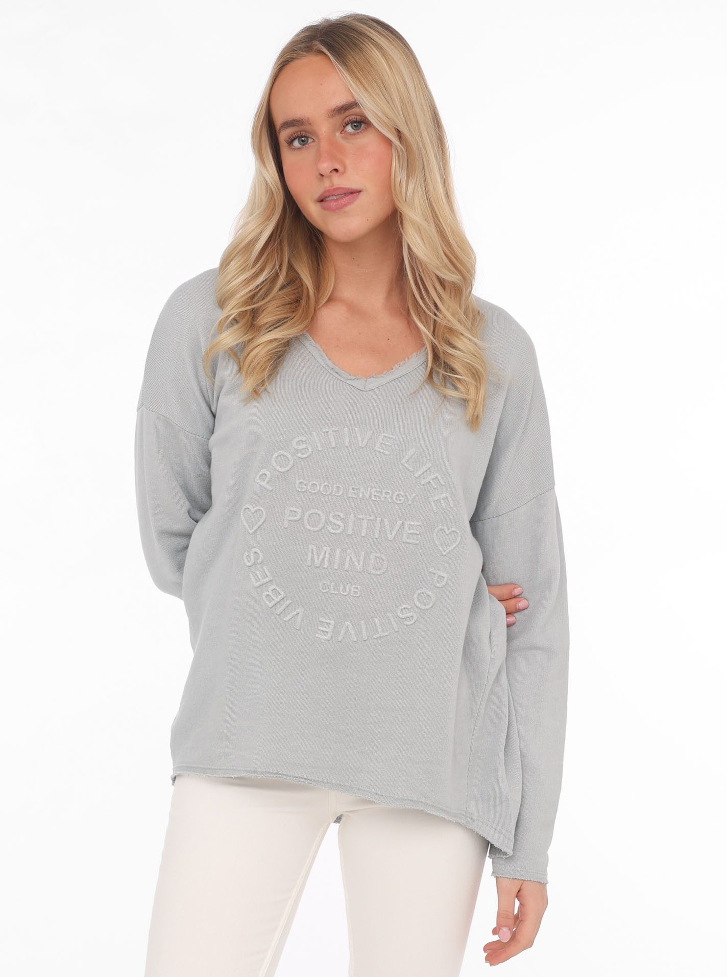 Zwillingsherz Sweatshirt "Positive Mind" ausgefranster V-Ausschnitt, günstig online kaufen