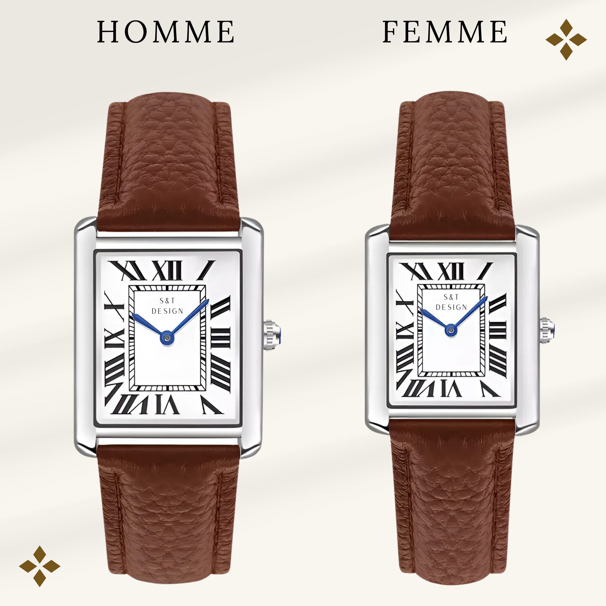 S&T Design Quarzuhr Vintage Paar Uhren Armbanduhr Damen Herren Rechteckige Uhr, (inkl. Geschenkbox, HOMME / FEMME), Elegant Römische Zahlen Minimalistisch