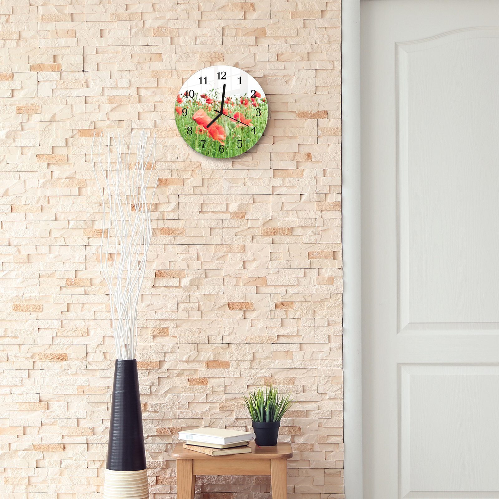 Primedeco Wanduhr Wanduhr Glas cm Rund und - Durchmesser Motiv 30 Mohnblumenfeld mit Quarzuhrwerk mit aus