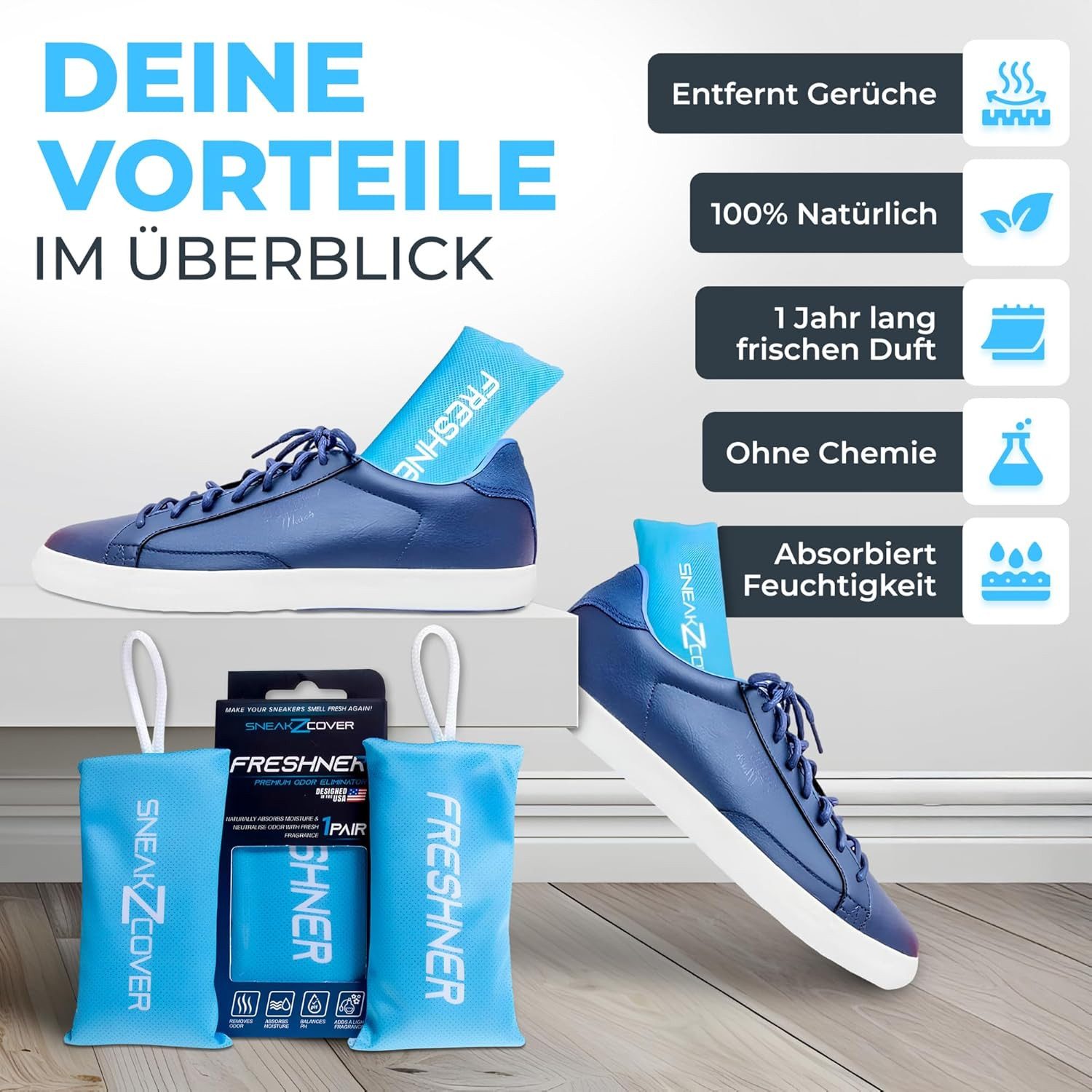 SneakZcover Schuhdeo gegen Geruch und Schweiß Antibakteriell, Effektiver Schuh Deo für Sportschuhe, Sneaker und Schuhschrank