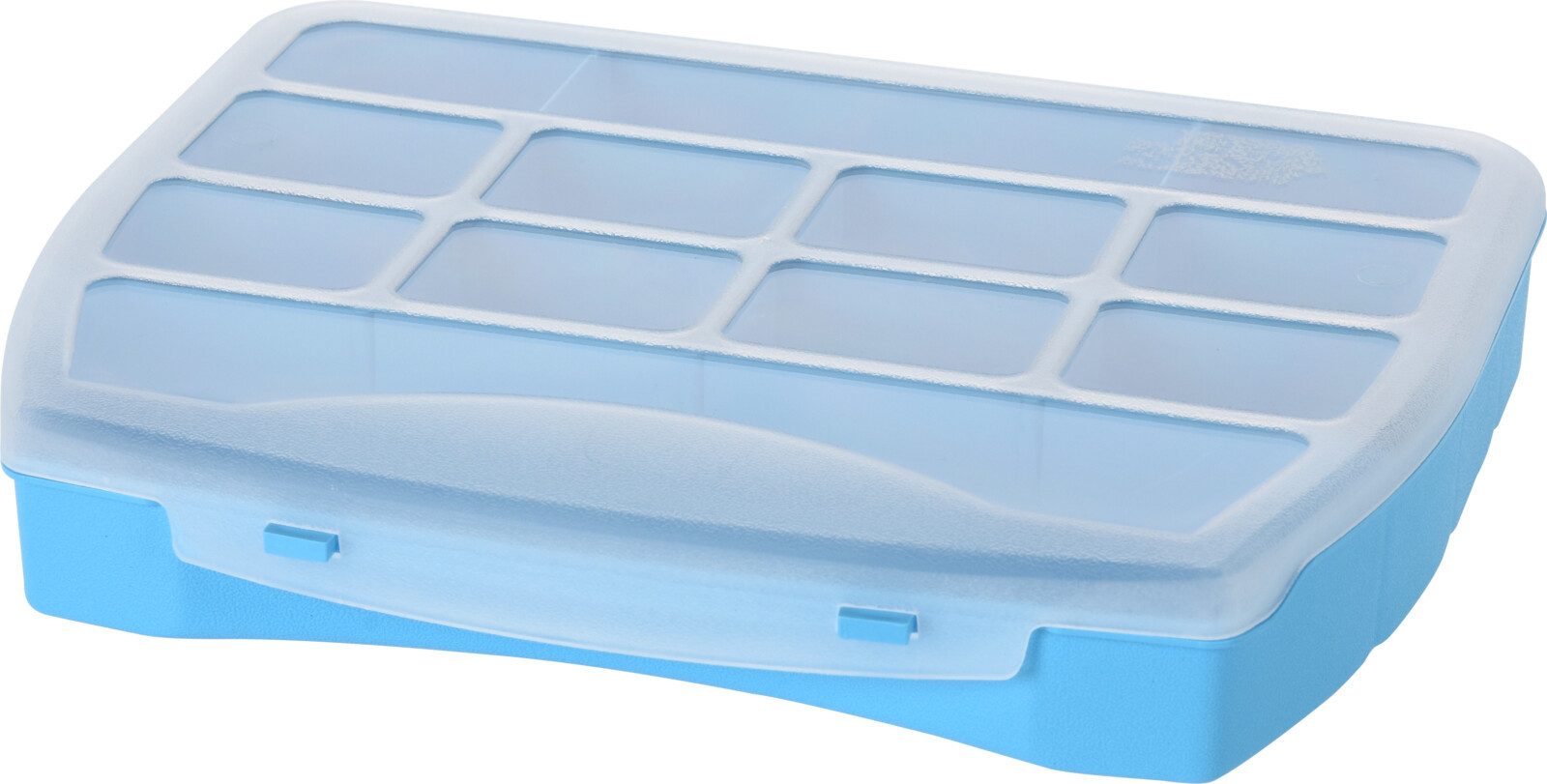 Koopman Aufbewahrungsbox Multibox Sortierbox Bastelbox Schraubenbox Haushaltsbox 12 Fächer (1 St), Blau, Klappdeckel, 25x20x4cm, Robust, Durchsichtig