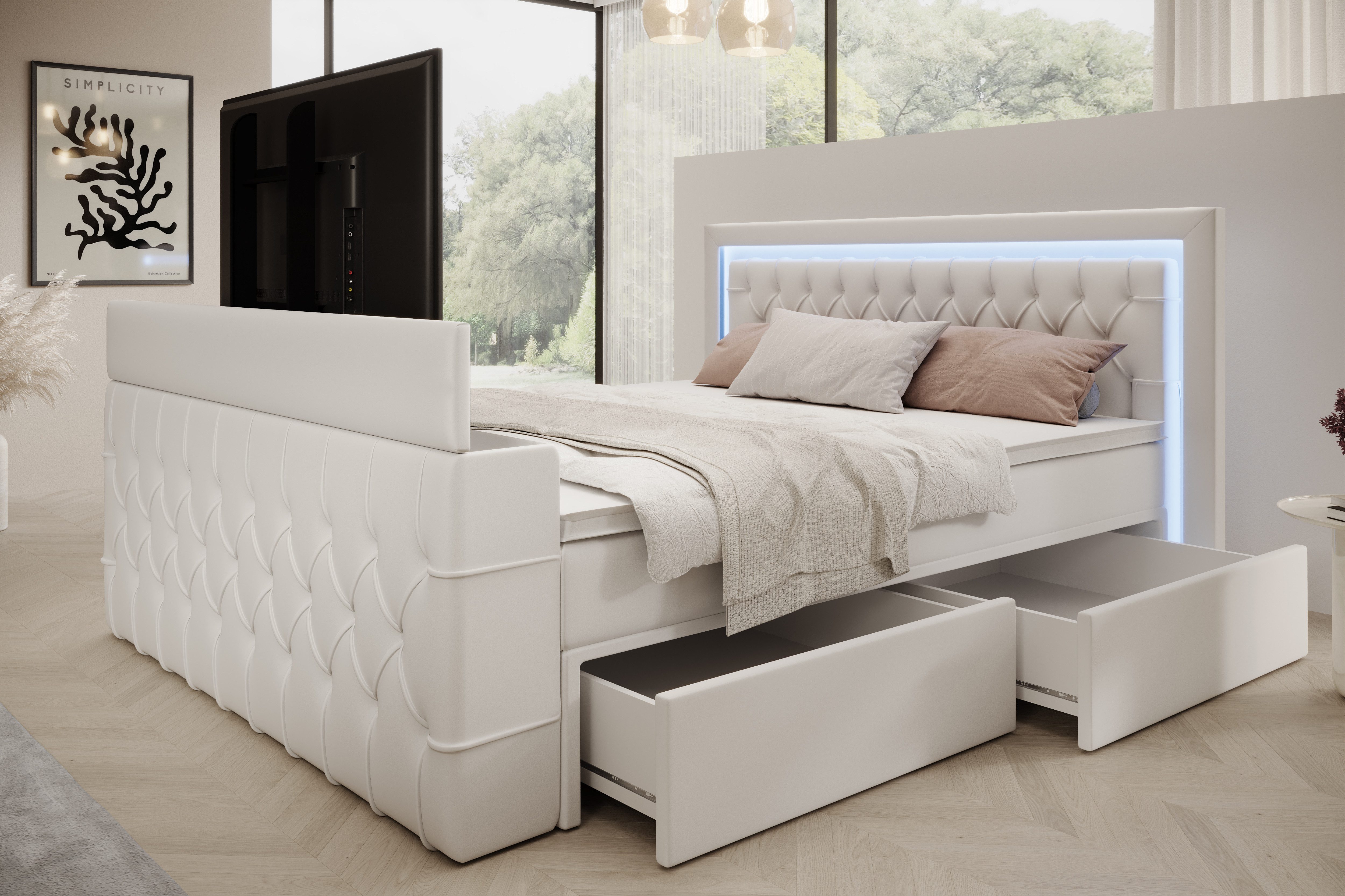 PROMETO Möbel Boxspringbett Doppelbett 180x200 mit Matratze, Schubladen TV-Lift LED Beleuchtung, inkl. 7-Zonen-Taschenfederkernmatratze, TV-Lift im Fußteil, Topper