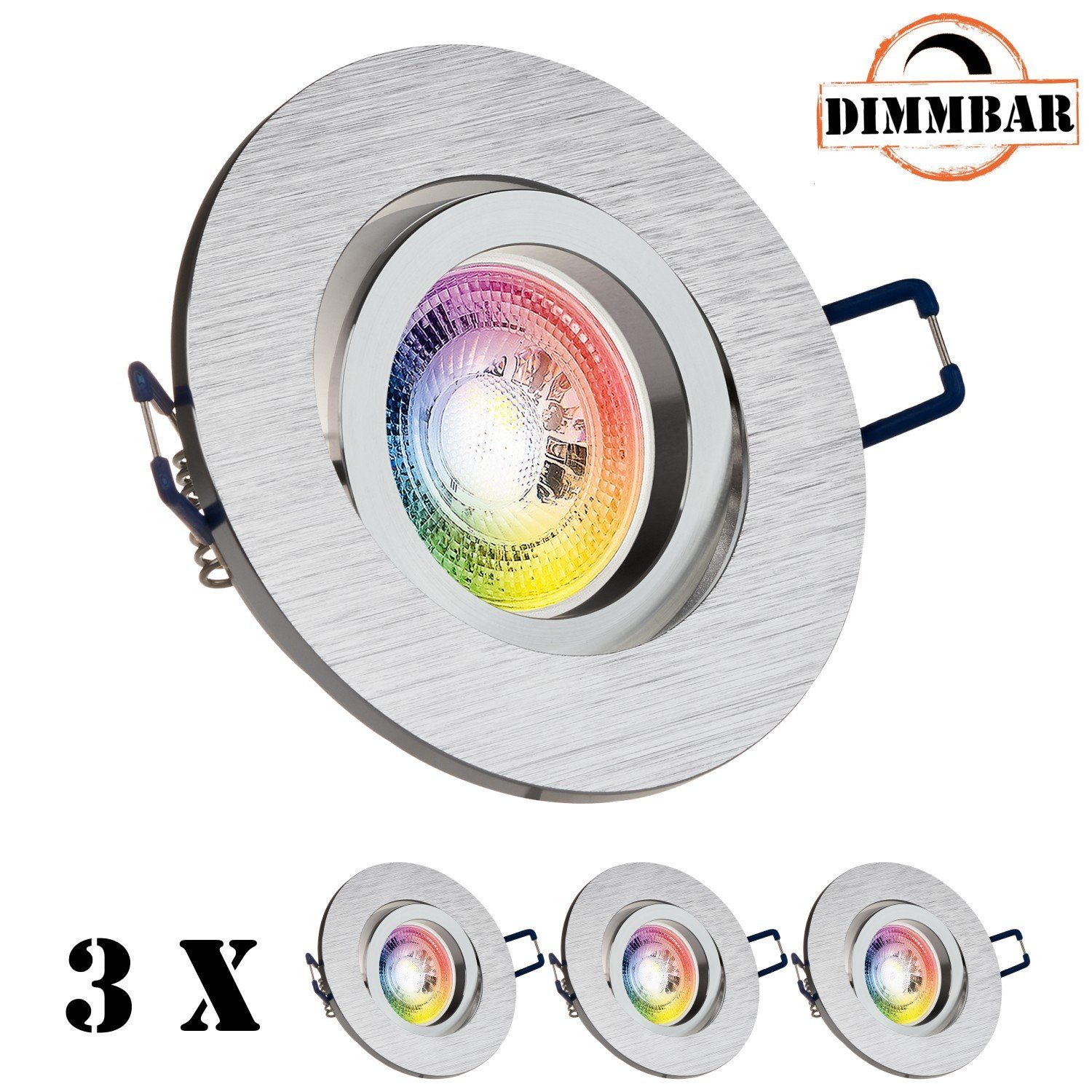 LEDANDO LED Einbaustrahler 3er RGB LED Einbaustrahler Set GU10 in aluminium gebürstet mit 3W LED