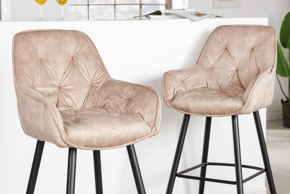 riess-ambiente Barhocker MILANO champagner/schwarz - Samt, Metallgestell, mit Lehne & Fußablage (Einzelartikel, 1 St), Stuhl mit Chesterfield-Steppung – ideal für Deinen Küchentresen