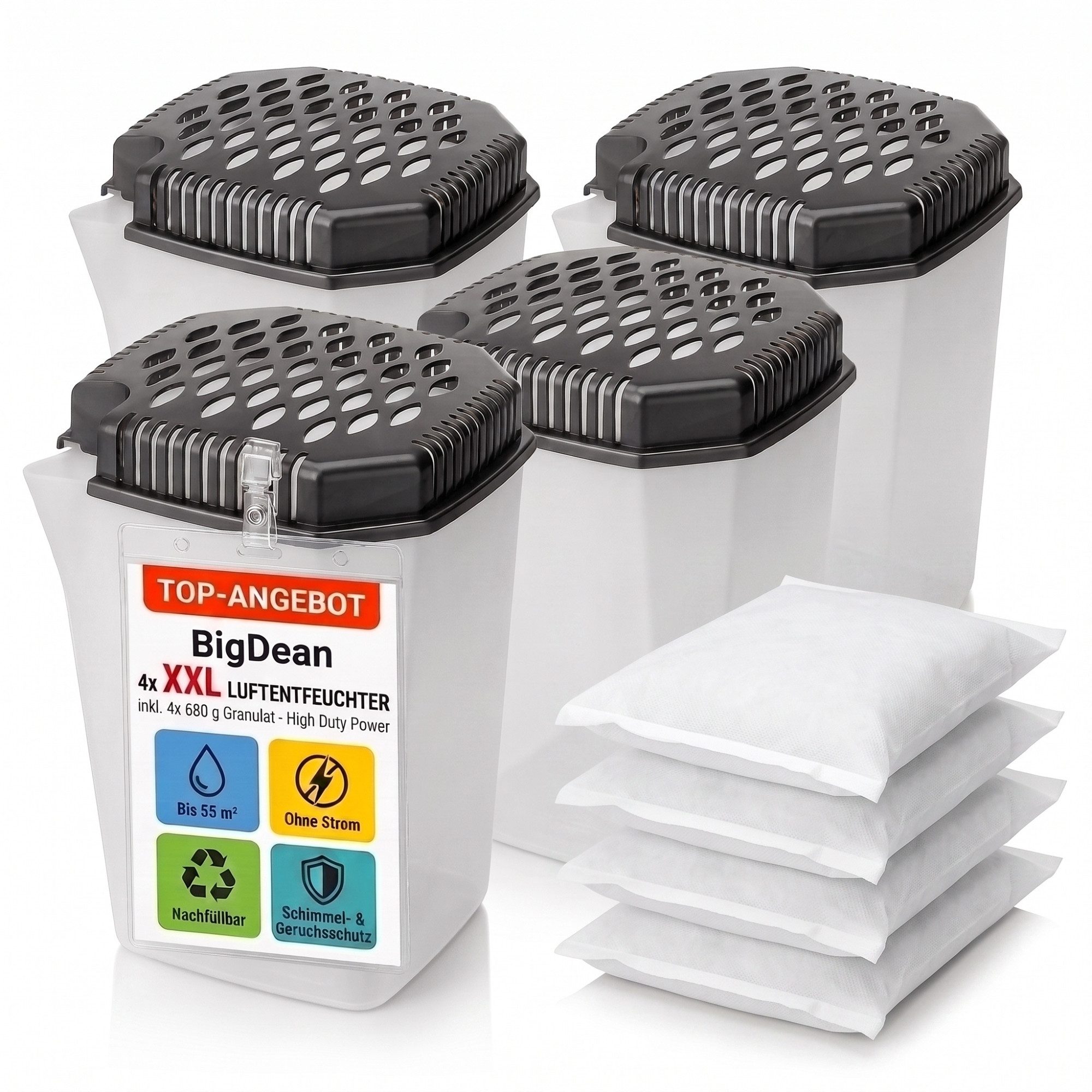 BigDean Luftentfeuchter-Nachfüllpack 4x Luftentfeuchter + 4x 680g Nachfüllpack Raumentfeuchter Set Box, Stromloser Betrieb, nachhaltiges Nachfüllsystem