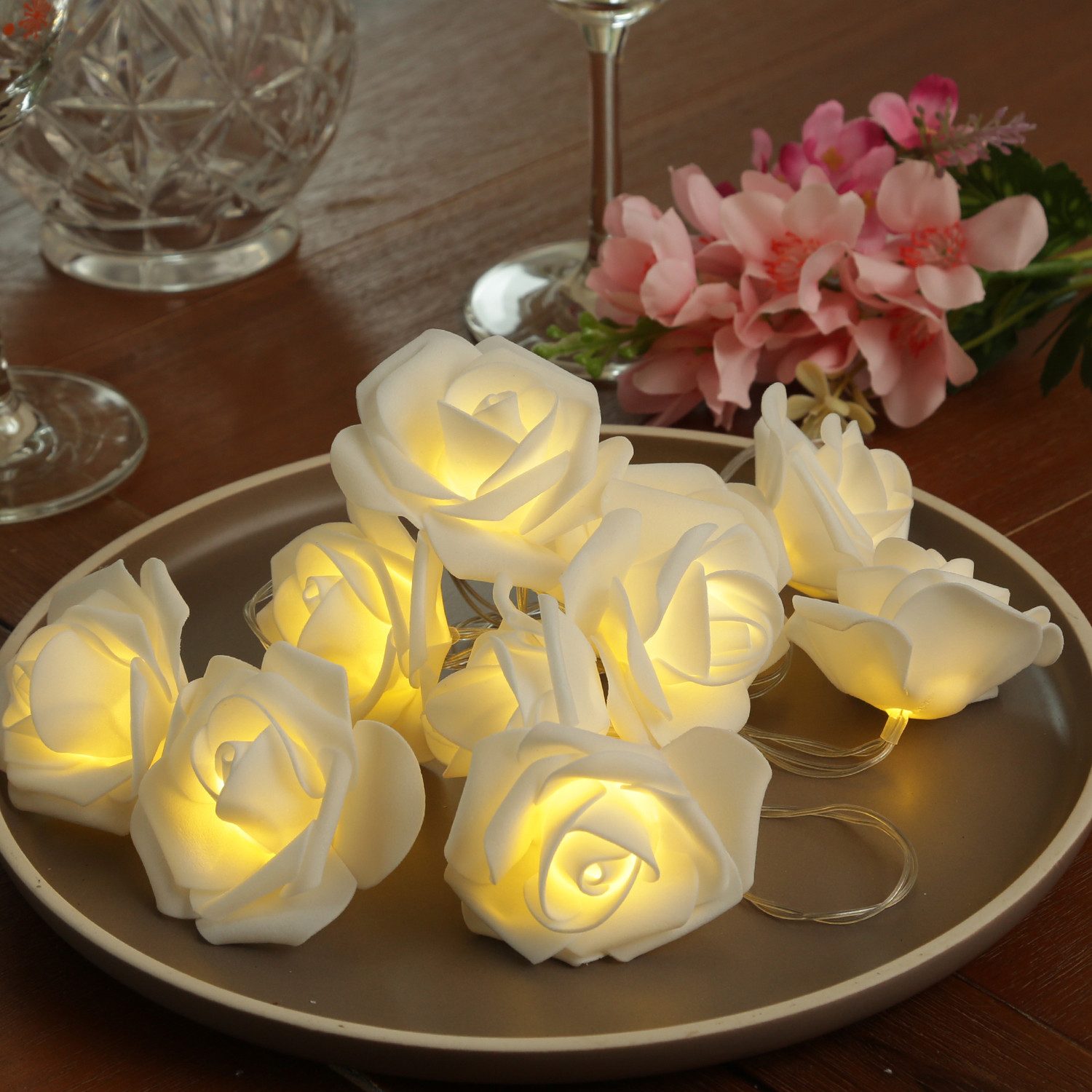MARELIDA LED-Lichterkette 10 weiße Rosen Rosenblüten Blumengirlande Hochzeit Valentinstag L:1,8m, 10-flammig