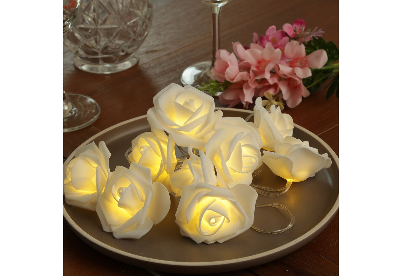 MARELIDA LED-Lichterkette 10 weiße Rosen Rosenblüten Blumengirlande Hochzeit Valentinstag L:1,8m, 10-flammig