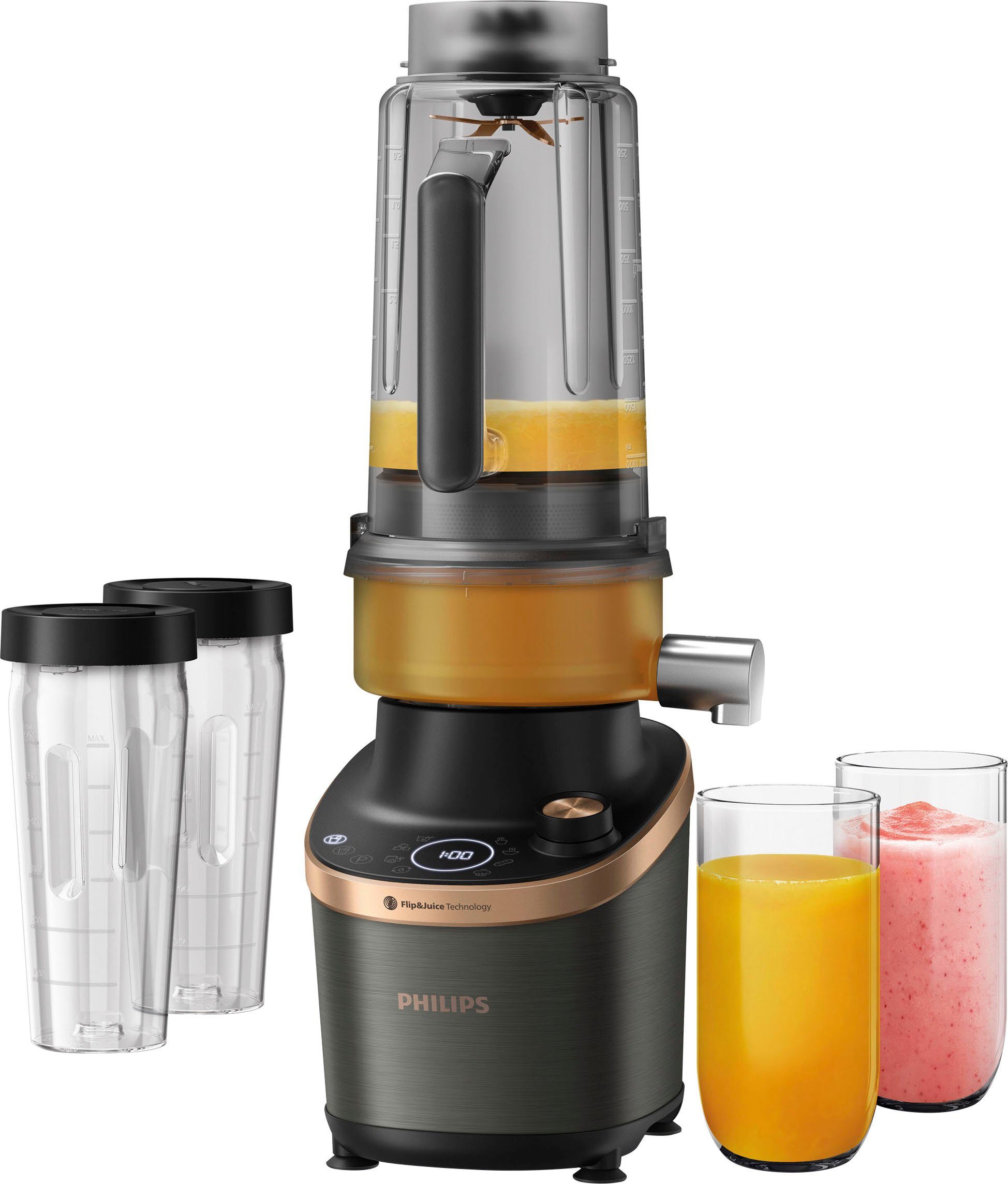 Philips Standmixer HR3770/10 Flip&Juice™, mit ProBlend Ultra-Technologie, 1500 W, 2L-Behälter, 12 Stufen, Puls- und Entsafterfunktion; Schwarz/Kupfer