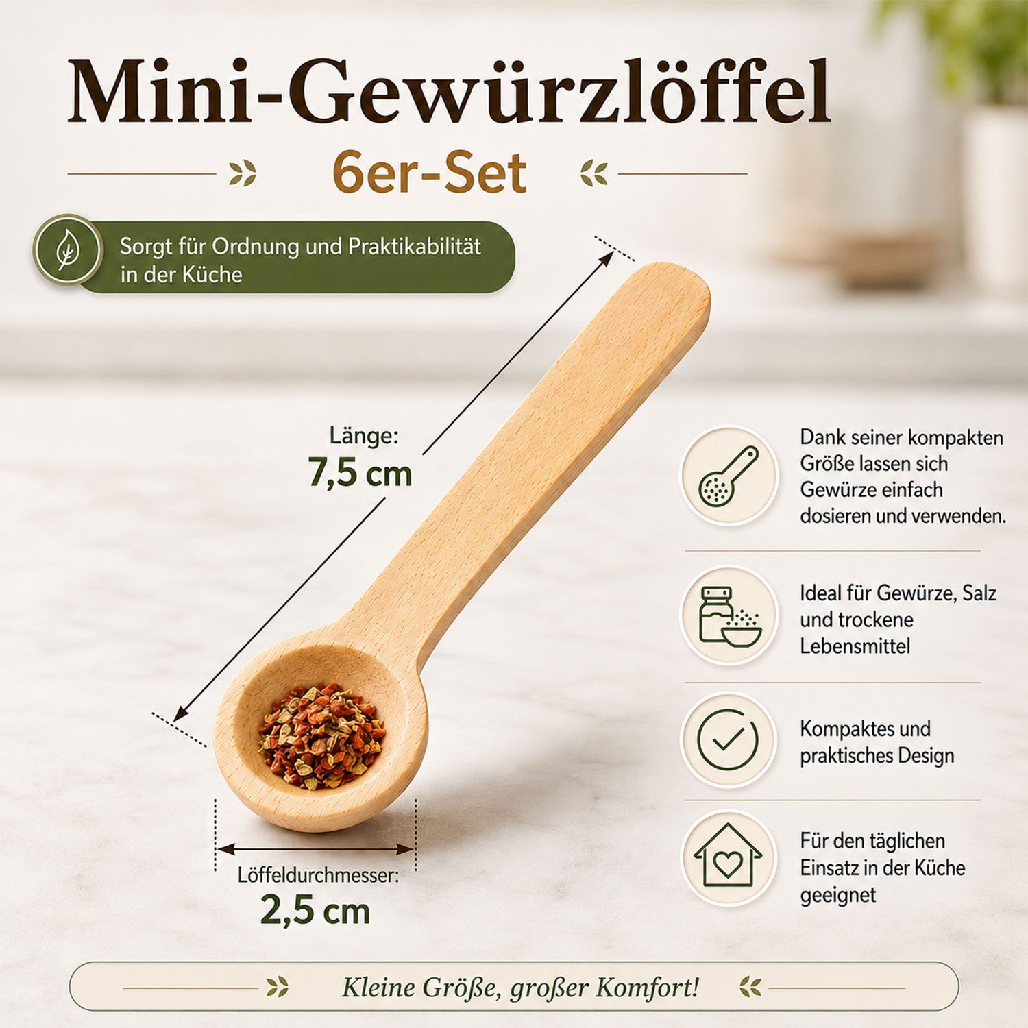 Jungengel Messlöffel 6er Mini Gewürzlöffel aus Holz Holzlöffel Portionierlöffel, 100% Holz, (6-teilig, 6-St., 6 Mini-Gewürzlöffel aus Holz), 7,5 cm Länge, 2,5 c – Bild 3 von 5