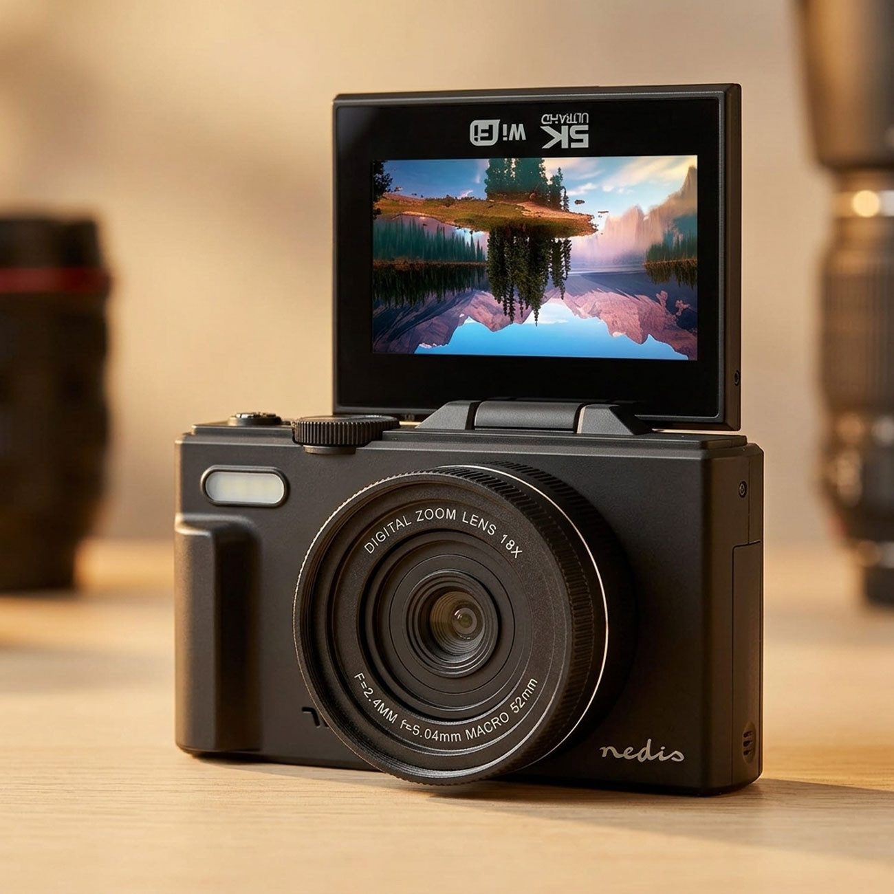 Nedis PCAM2570BK Vollformat-Digitalkamera (Flip-Display, Wi-Fi, Autofokus, LED-Blitz, Serienbildmodus)