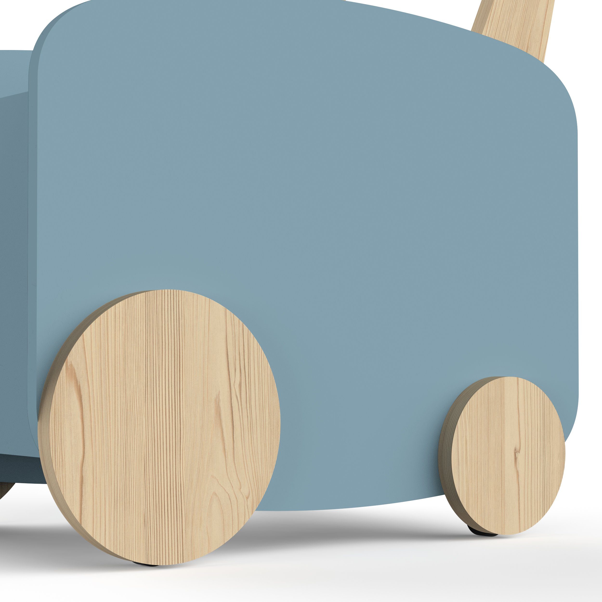 inklusive Rädern MDF cm Spielzeugbox Spielzeugtruhe der blau/natur 7kg, zum habeig Bewegen 4 Spielwagen Holz 55x53x35 Spielzeugtruhe Spielauto
