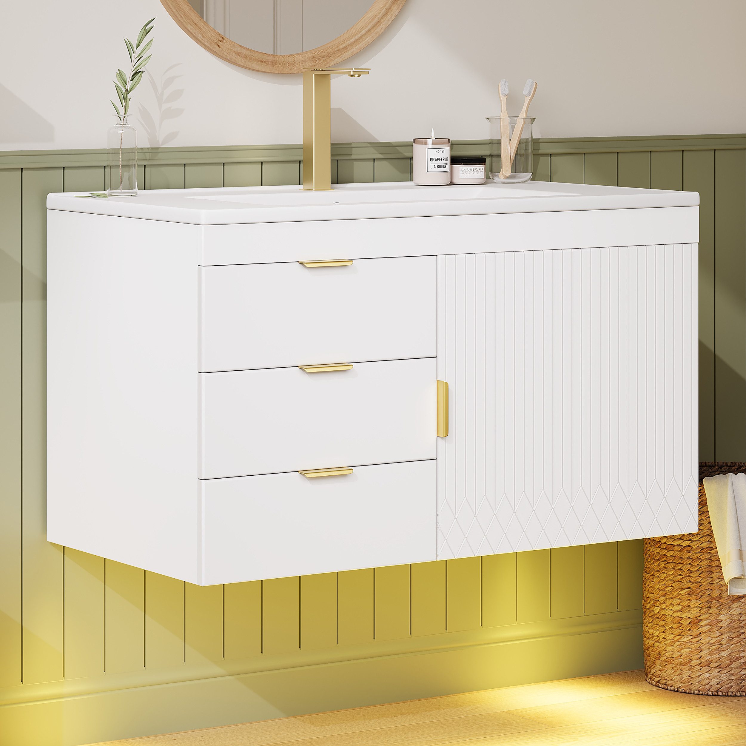 Flieks Waschtisch mit LED-Beleuchtung, Waschbeckenunterschrank inkl. Waschbecken (B76/T46/H51 cm, 1-St., wandhängend, Badschrank mit 2 Fächern Waschplatz Badzimmer), Badmöbel-Set mit Schubladen und Türablagen Badezimmerschrank Weiß