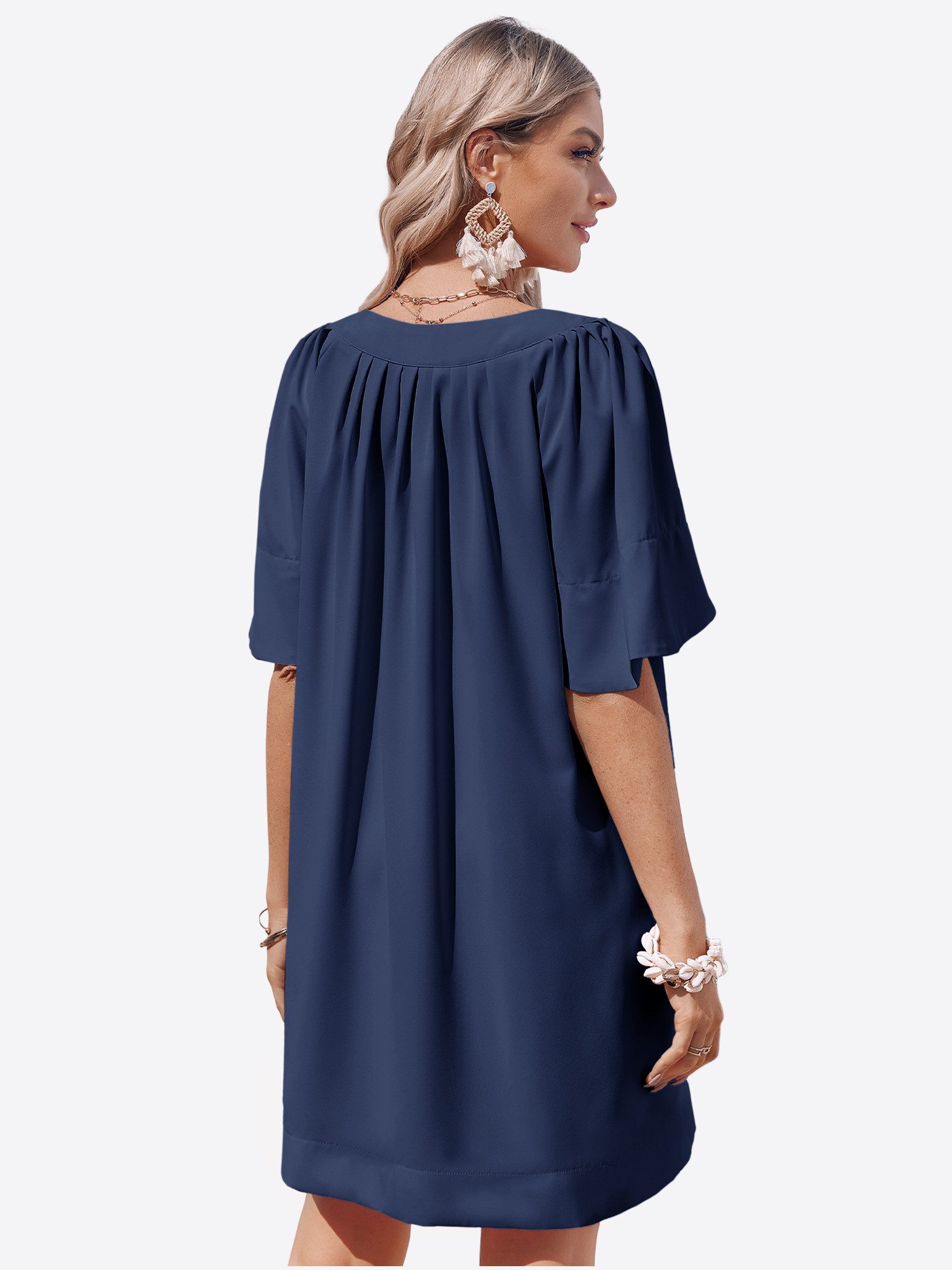 Imily Bela Minikleid Damen Lockeres Kleid mit V-Ausschnitt & Trompetenärmeln (Packung, 1-tlg., 1per-Pack) Mit Seitentaschen
