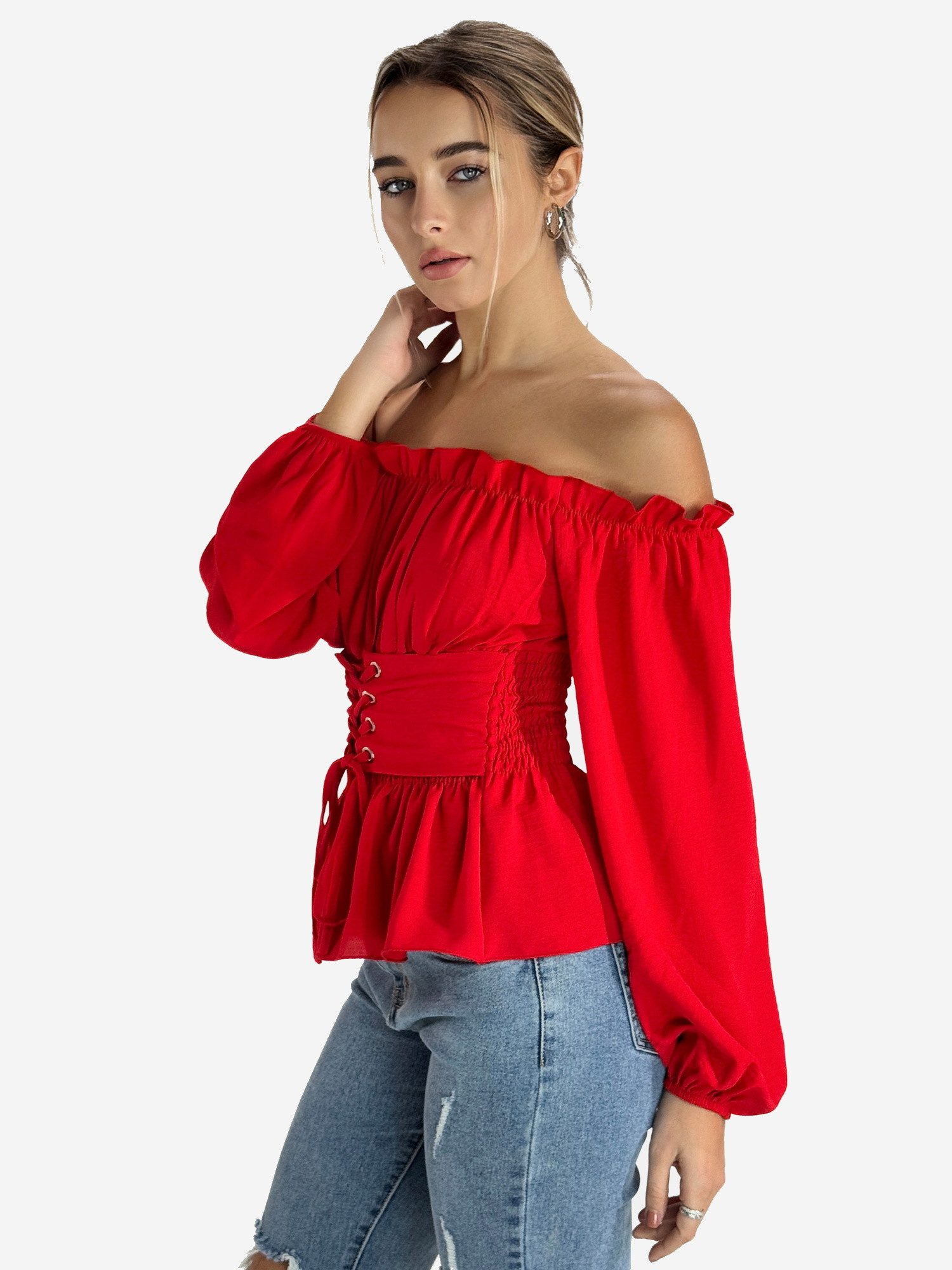 Elara Blusentop Damen Carmenbluse mit Schnürung, Smokbund und Ballonärmeln