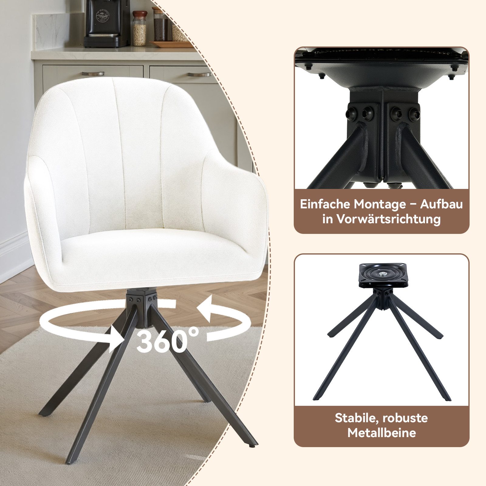 HawthyHome Polsterstuhl 360° drehbar mit Armlehne und Metallbeinen, 4-Fußstuhl (1 St), Moderner Küchenstuhl Esszimmerstuhl für Wohnzimmer & Büro – Bild 4 von 5