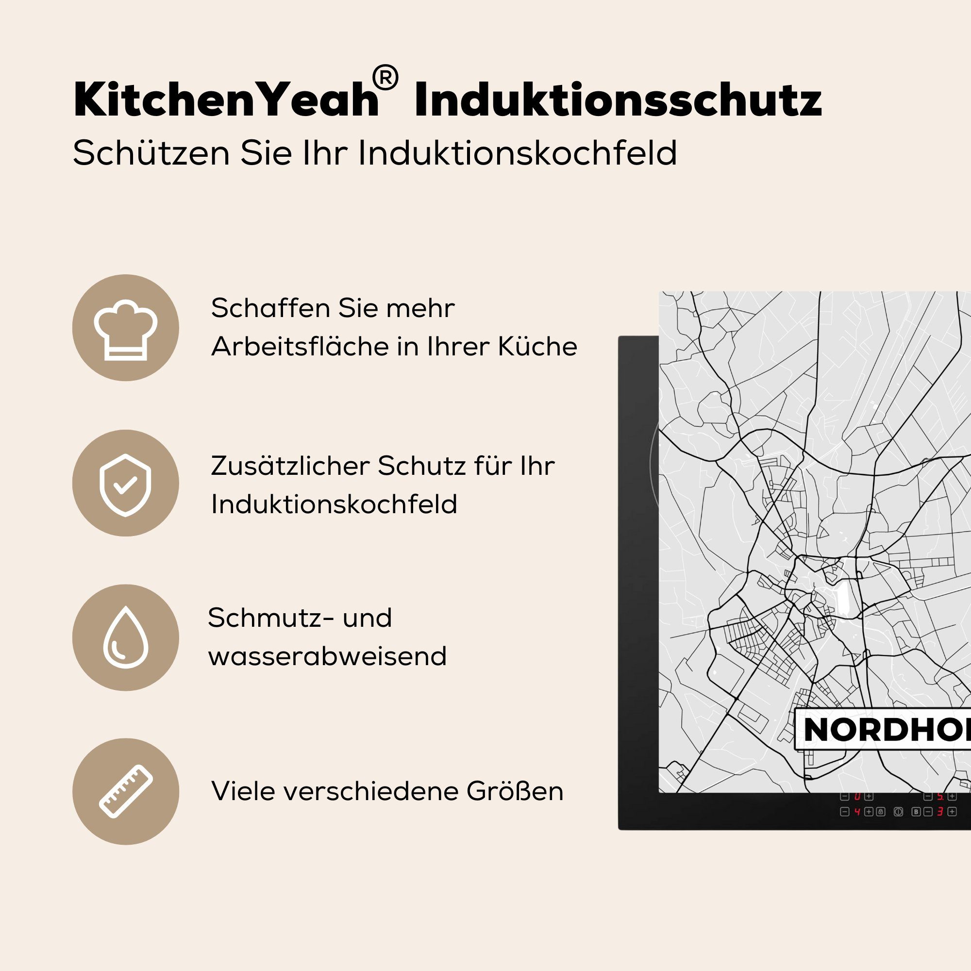 Arbeitsplatte Nordhorn Deutschland, Herdblende-/Abdeckplatte (1 von - tlg), küche cm, 78x78 Stadtplan - für Stadtplan Ceranfeldabdeckung, Vinyl, Deutschland MuchoWow -