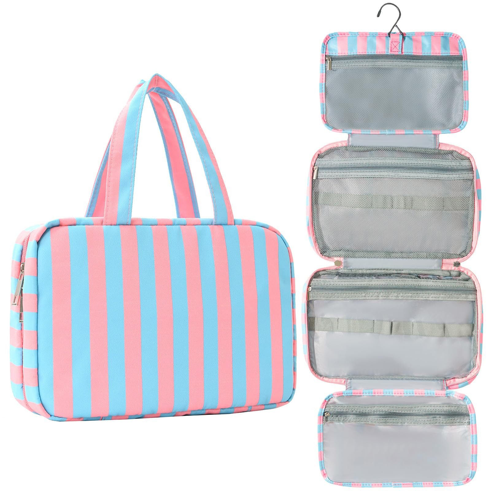 Zyronn Kulturbeutel Reise Kulturtasche Damen, Wasserabweisende Kulturbeutel mit Nassfach, Stilvolle, gestreifte Kosmetiktasche mit Haken