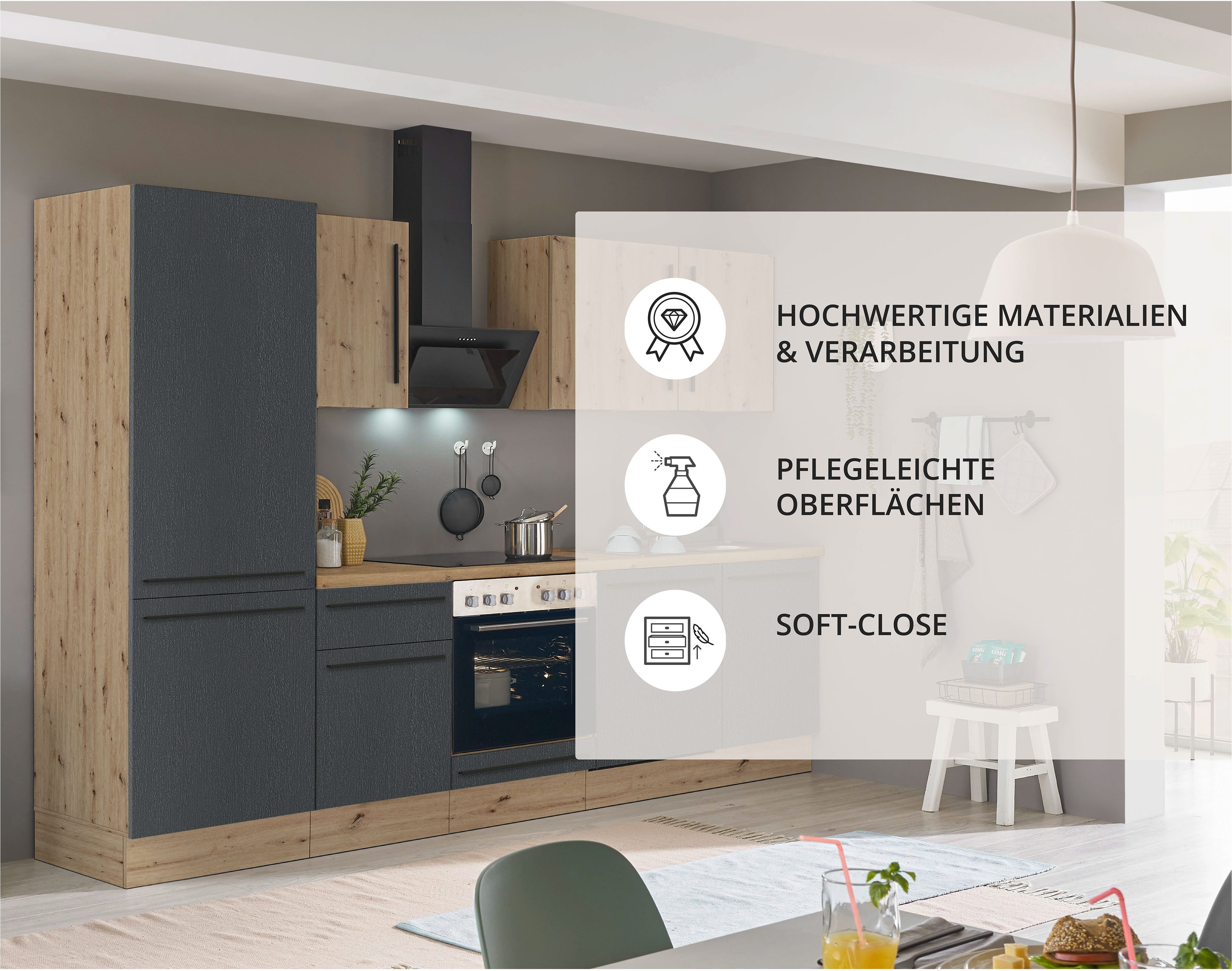 KOCHSTATION Küchenzeile KS-Florida mit 38mm starker Arbeitsplatte, Breite 280 cm, wahlweise mit E-Geräten, Soft-Close-Funktion – Bild 4 von 5