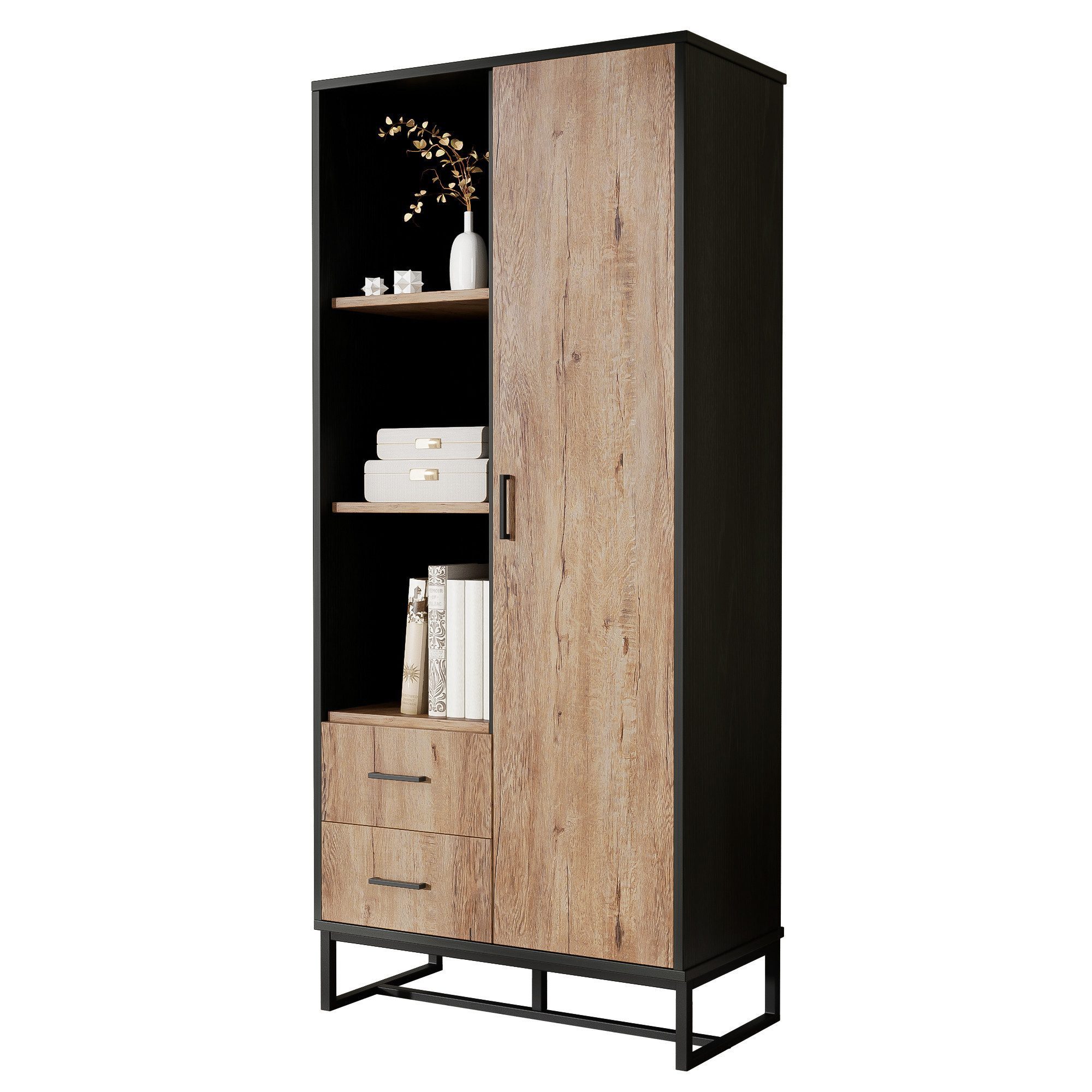 Merax Highboard Vitrine Holzoptik mit Schwarz günstig online kaufen